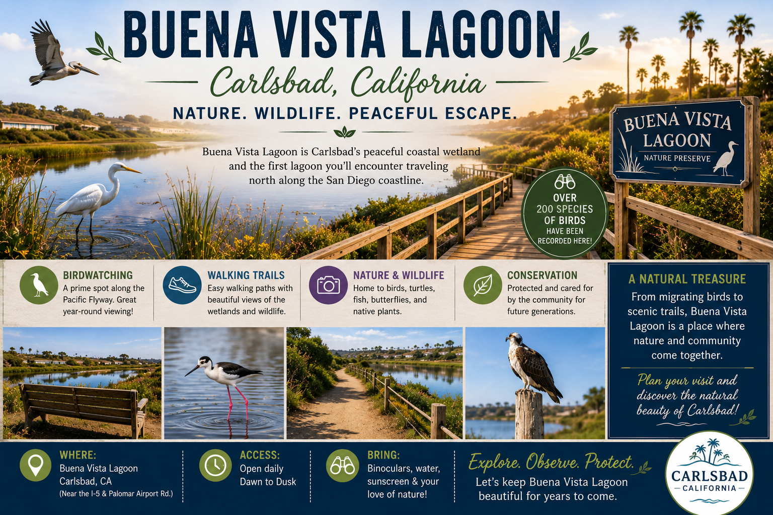 Buena Vista Lagoon poster with images of birds, walking trails, and visitor info.