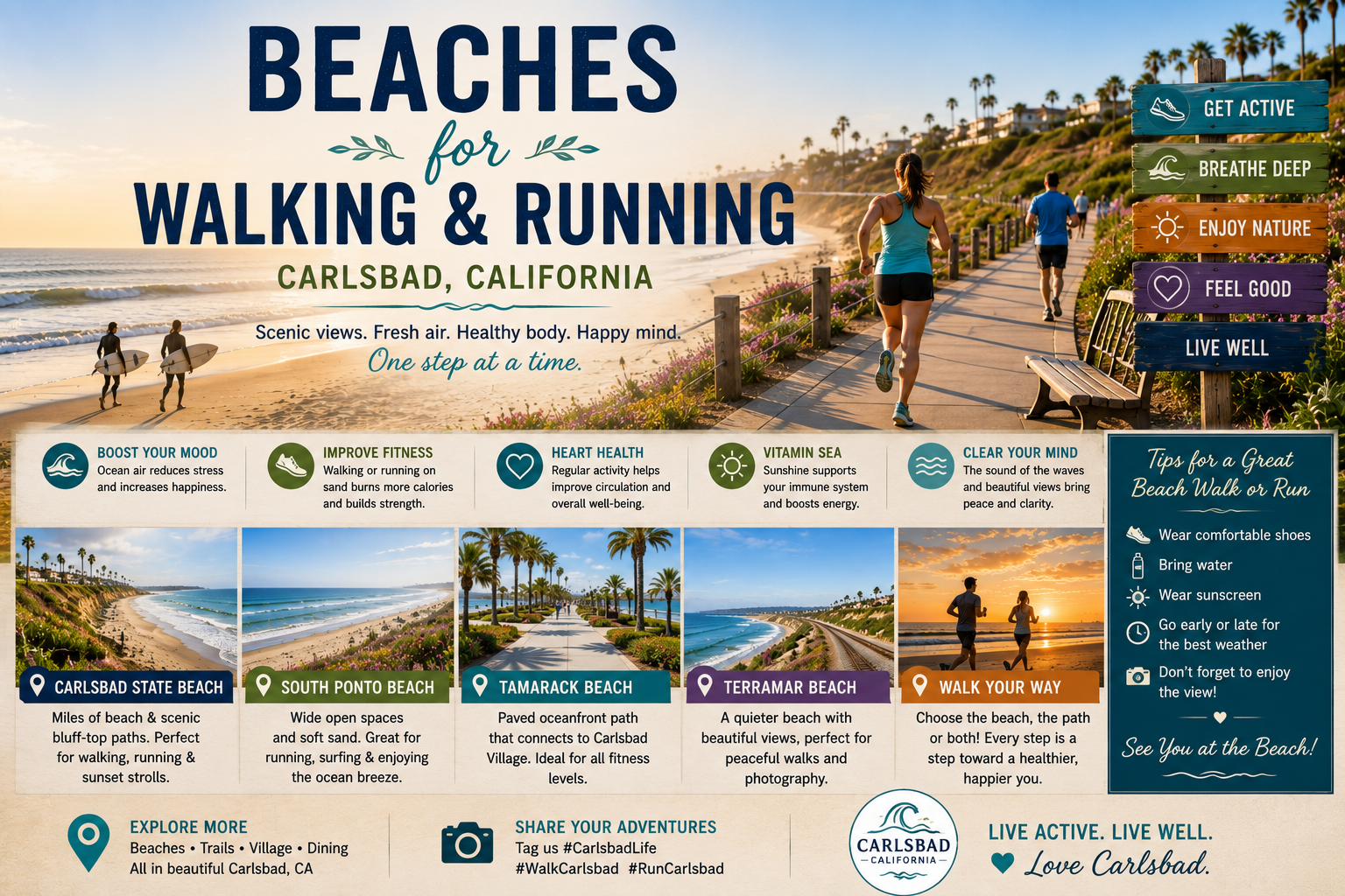 Poster about Carlsbad, CA beaches for walking and running with tips and beach images.