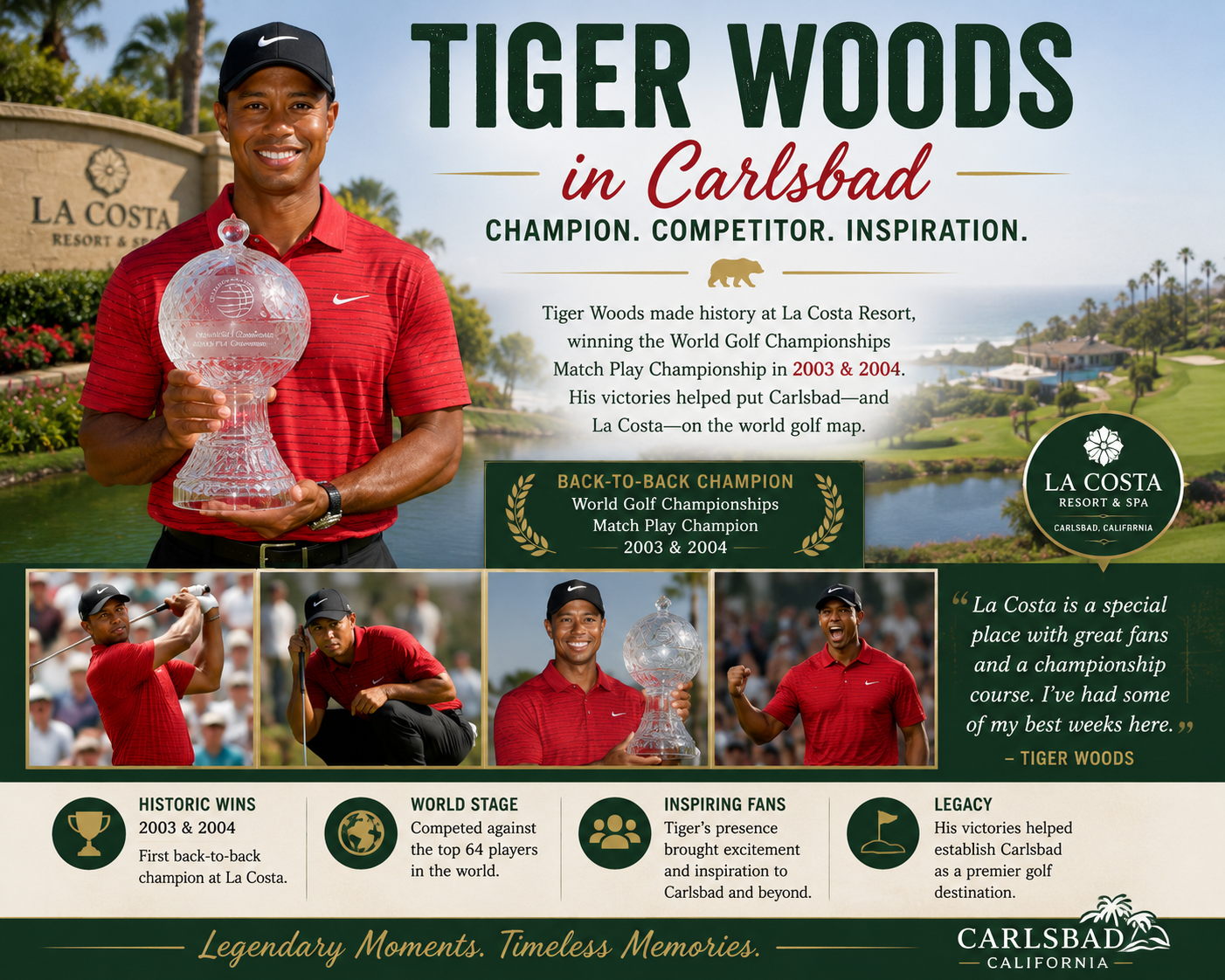 Collage about Tiger Woods' achievements at La Costa Resort, featuring images and text.
