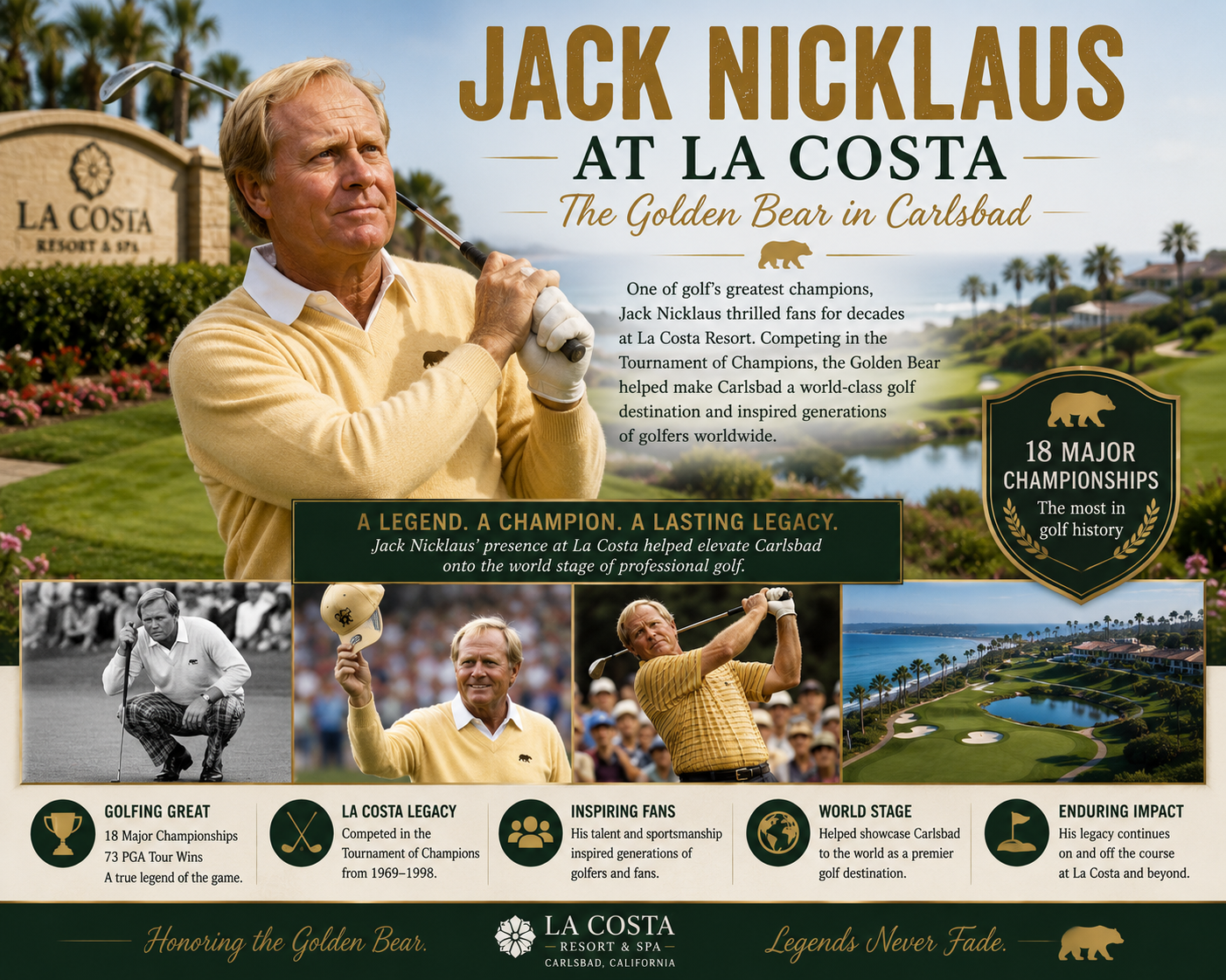 Poster of Jack Nicklaus with text about his golf legacy and achievements at La Costa Resort.