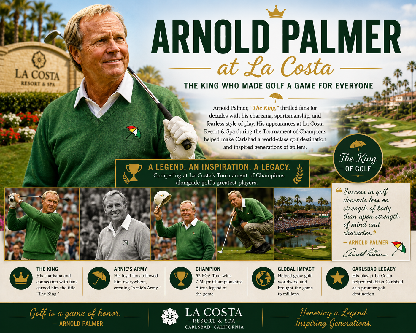 Collage celebrating Arnold Palmer's golf legacy at La Costa Resort with photos and quotes.