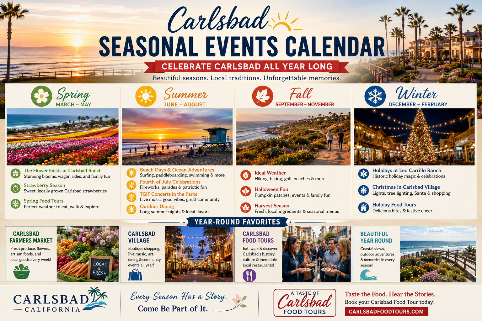 Colorful seasonal events calendar for Carlsbad, featuring seasonal highlights and year-round activities.