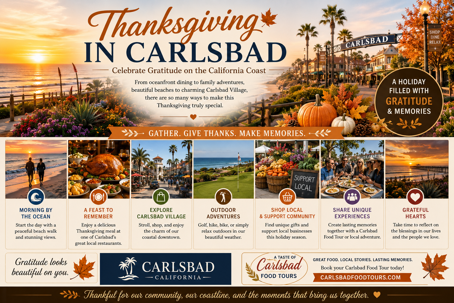 Thanksgiving poster featuring Carlsbad with images of seasons, activities, and events.