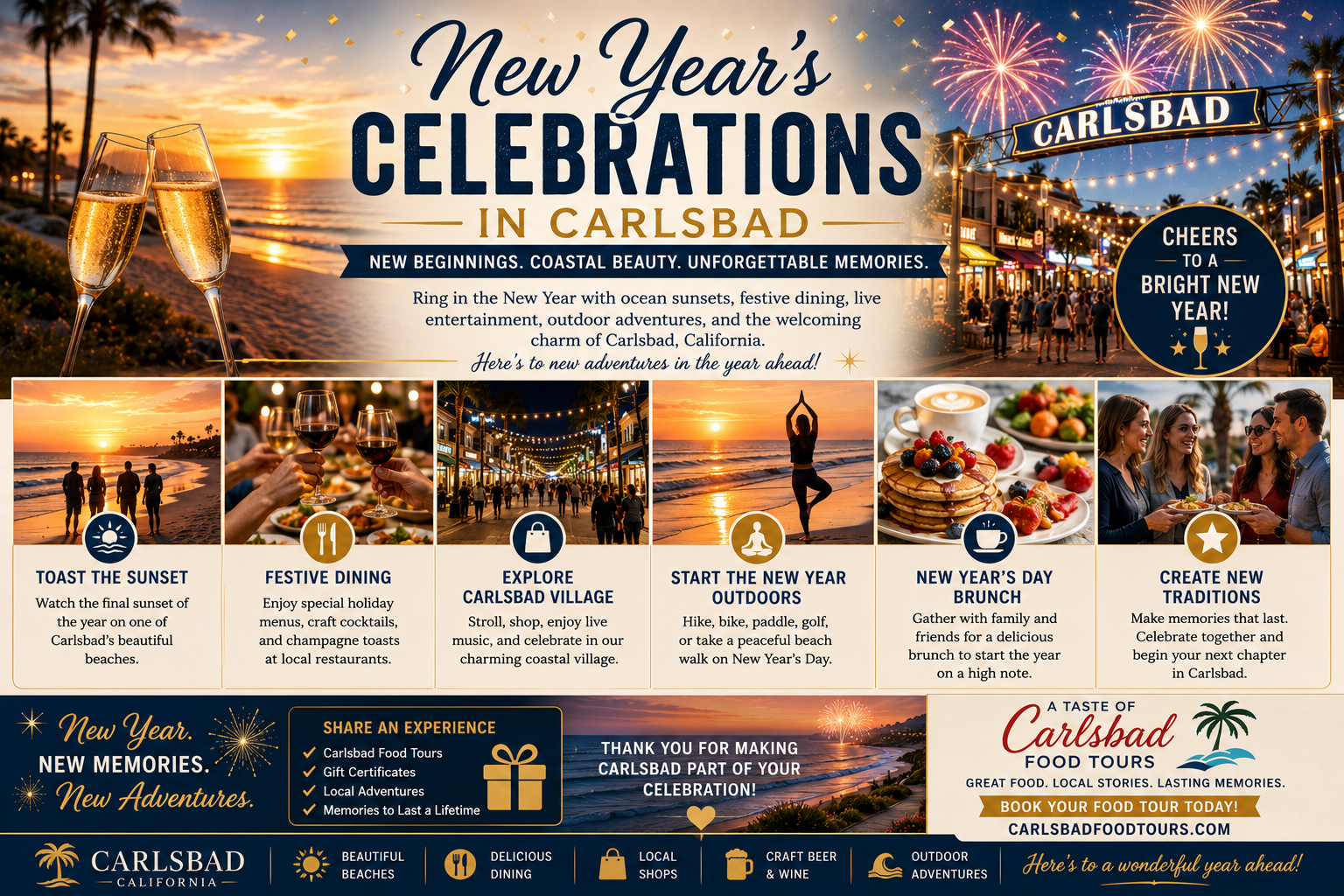 New Year's event poster for Carlsbad with photos, activities, and fireworks.