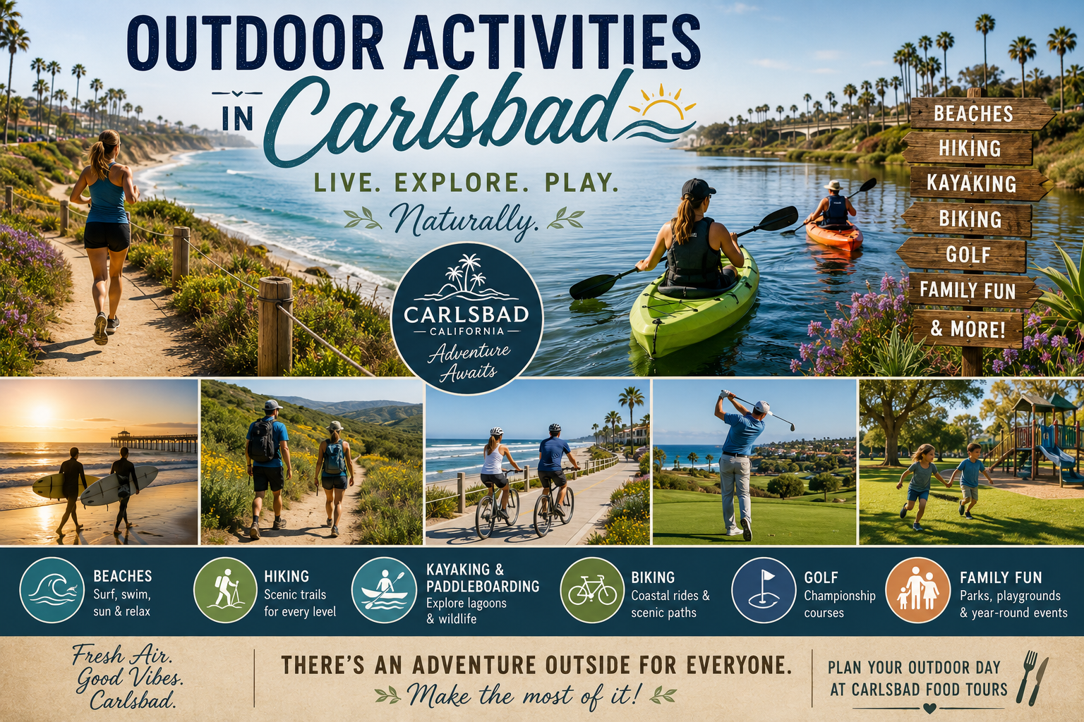 Collage promotes outdoor activities like kayaking, biking, and hiking in Carlsbad, with scenic nature views.