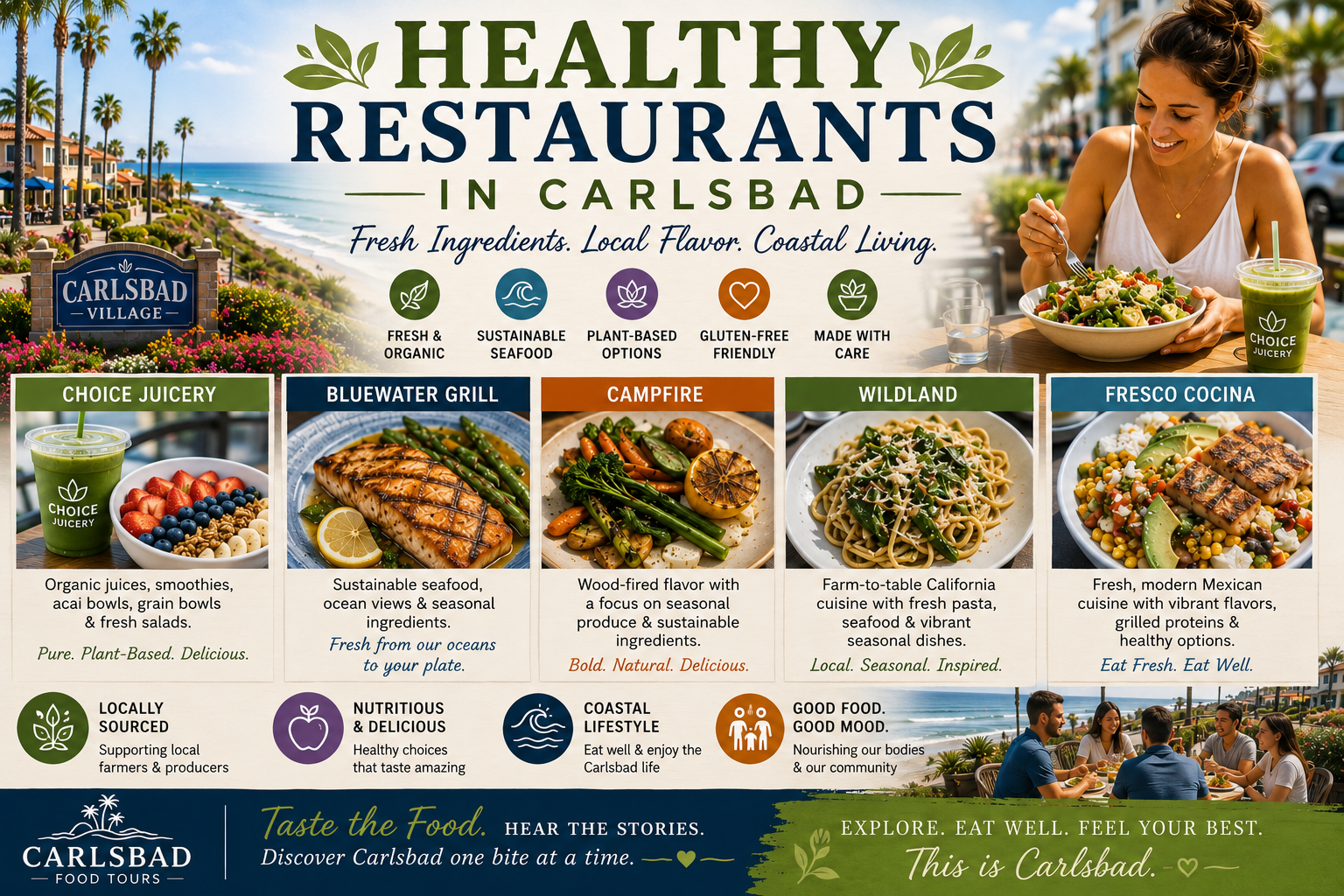 Poster listing Carlsbad restaurants with text details and food images.