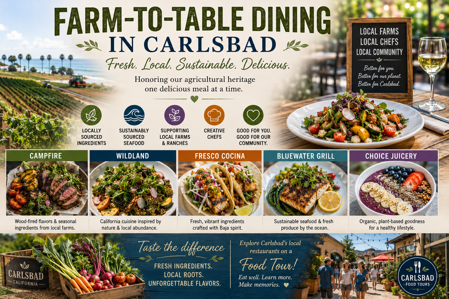 Farm-to-table dining options in Carlsbad with images of various dishes and local dining locations.