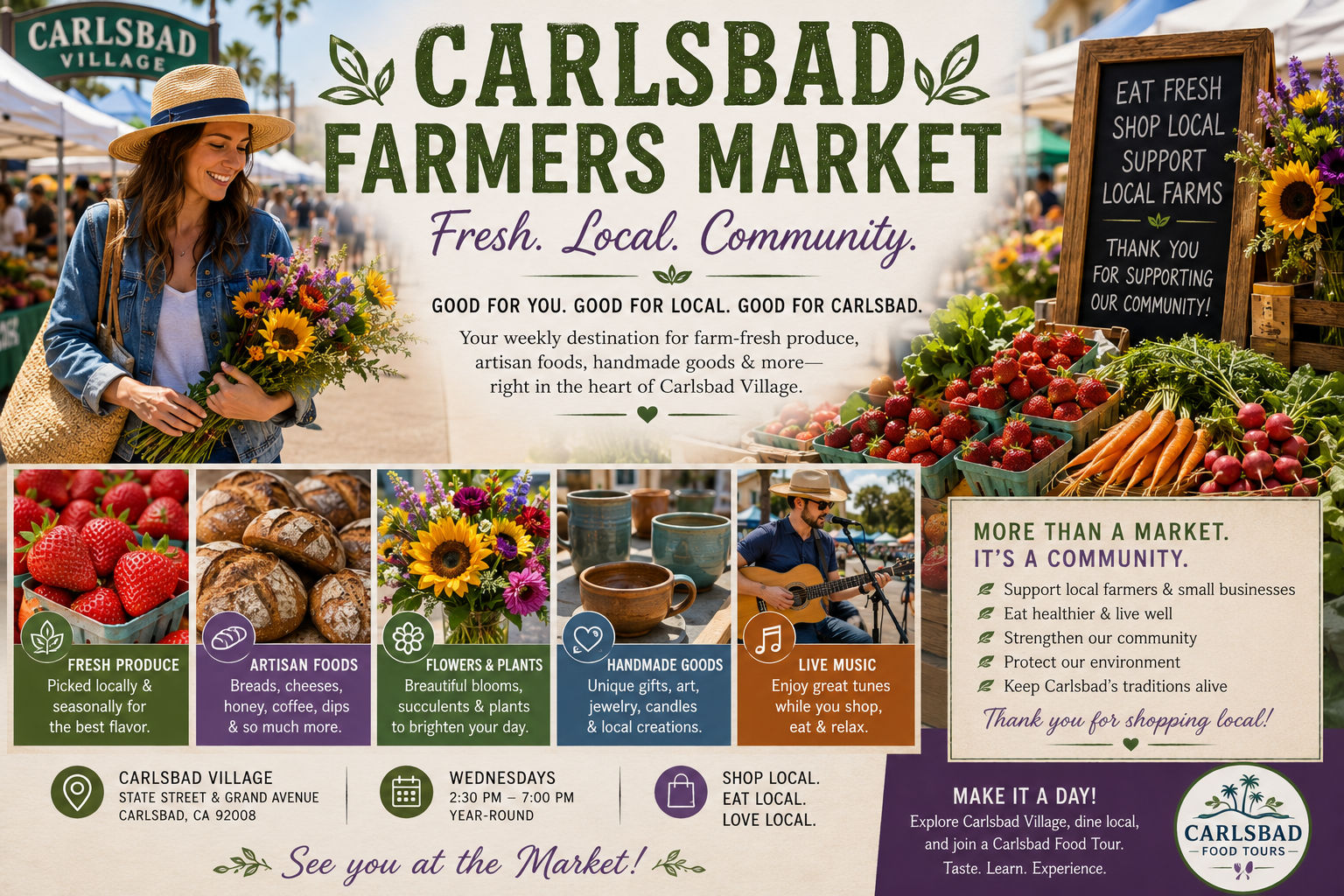 Collage of Carlsbad Farmers Market with people, fresh produce, and local products.