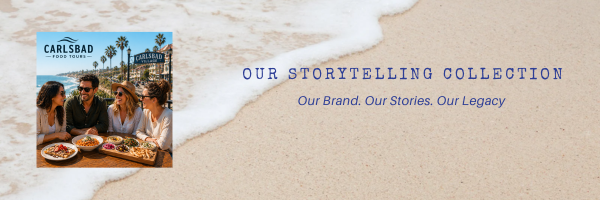 Beach scene with people dining, text: 'Our Storytelling Collection. Our Brand. Our Stories. Our Legacy.'
