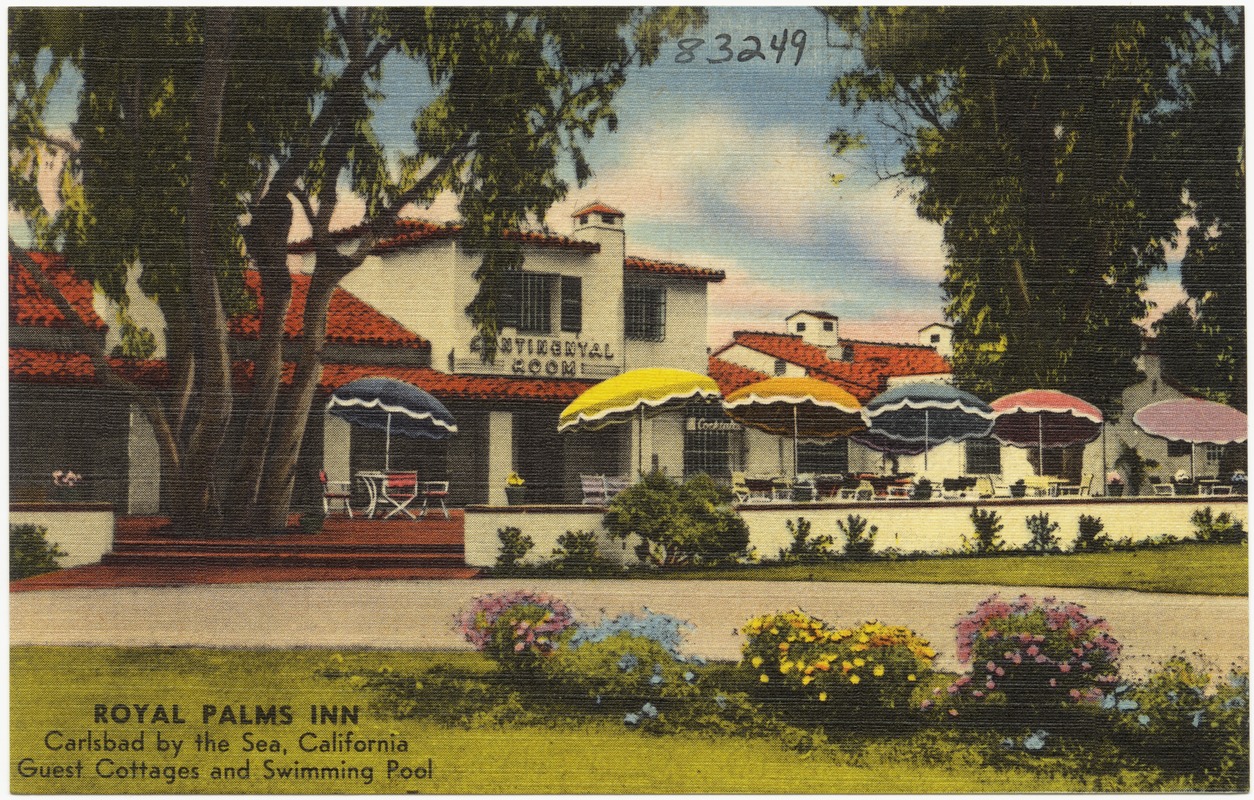 Vintage postcard of Royal Palms Inn with colorful umbrellas and guest cottages.