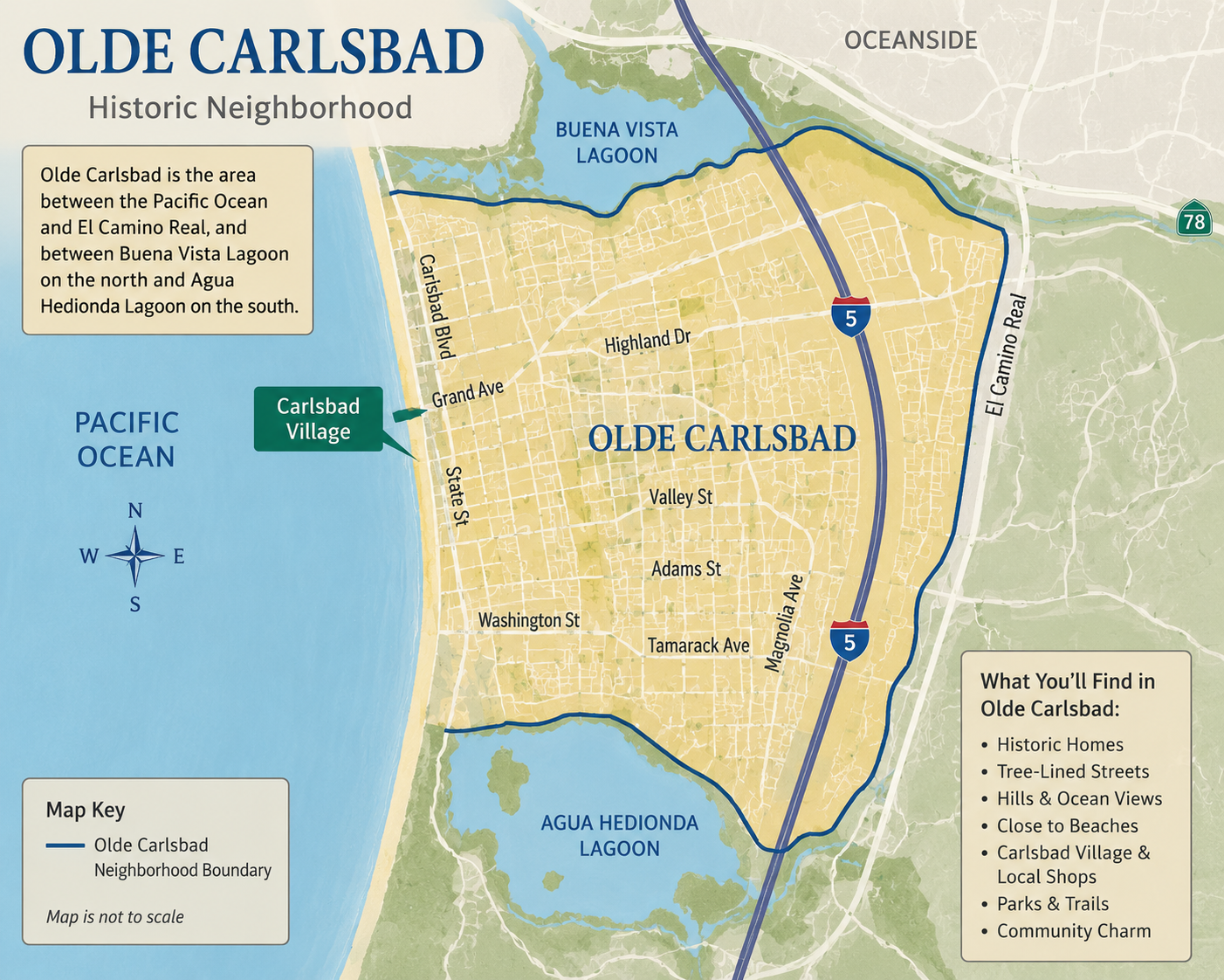 Map of Olde Carlsbad neighborhood highlighting landmarks and boundaries.