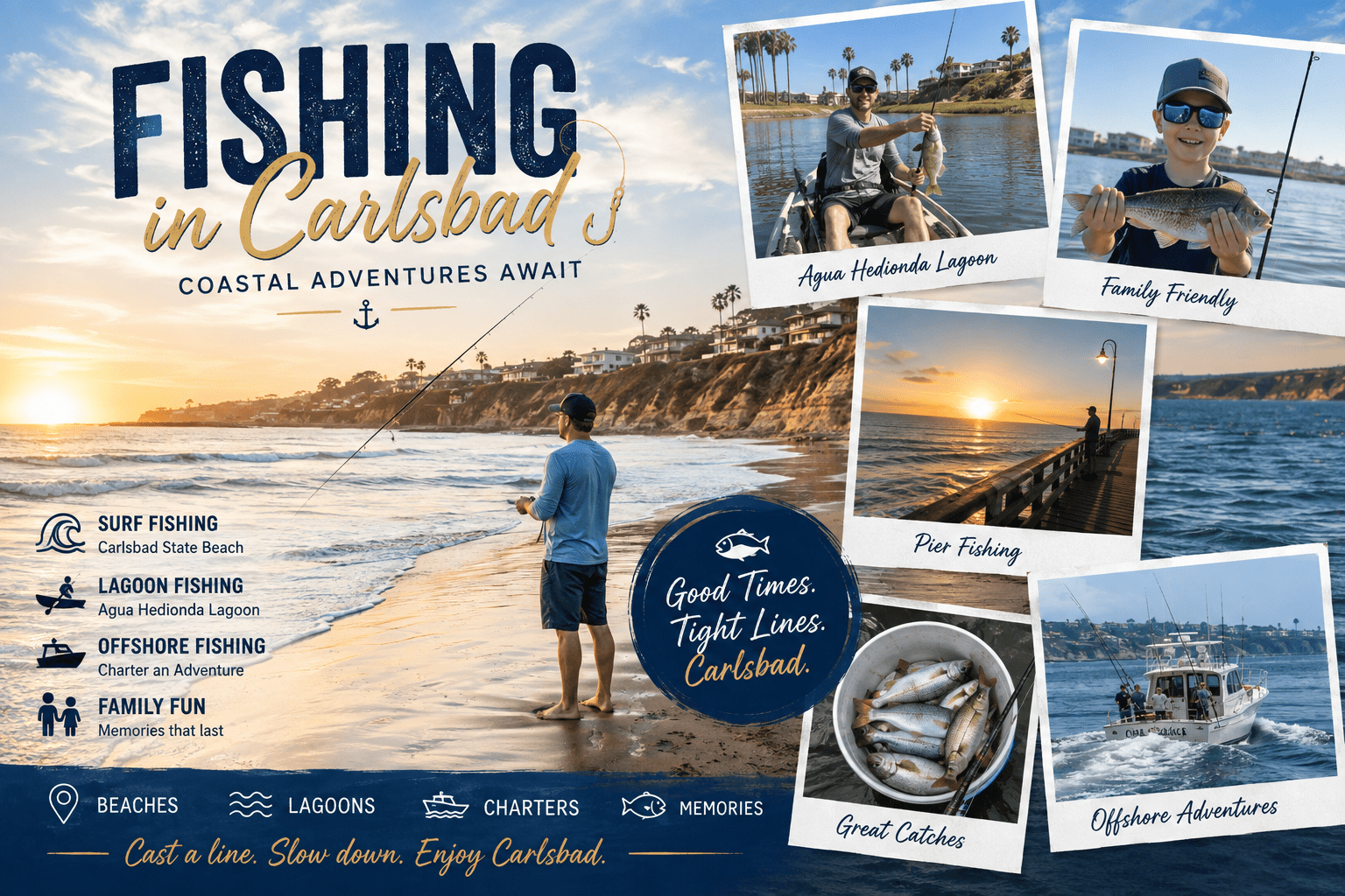 Fishing in Carlsbad poster with photos of anglers, fish, and coastal scenery.