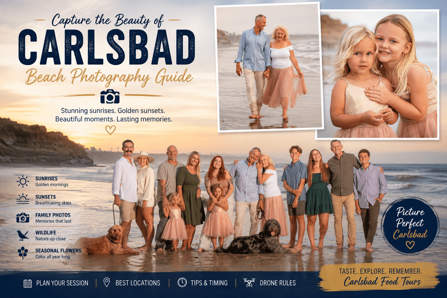 Large family at the beach, posing for a photography guide cover.