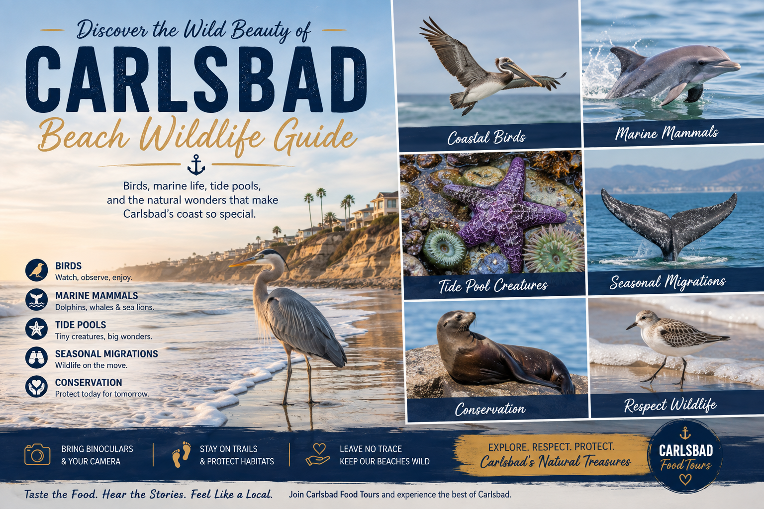 Carlsbad beach wildlife guide with bird, seal, and educational captions.