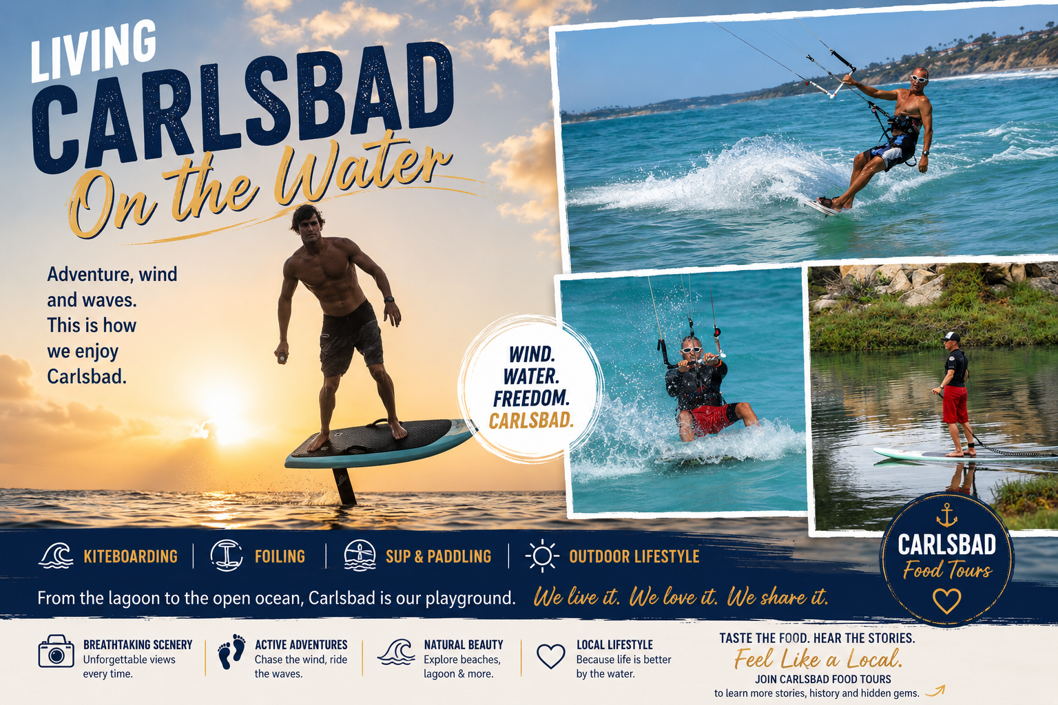 Collage of water sports including kiteboarding and surfing with text promoting Carlsbad lifestyle.
