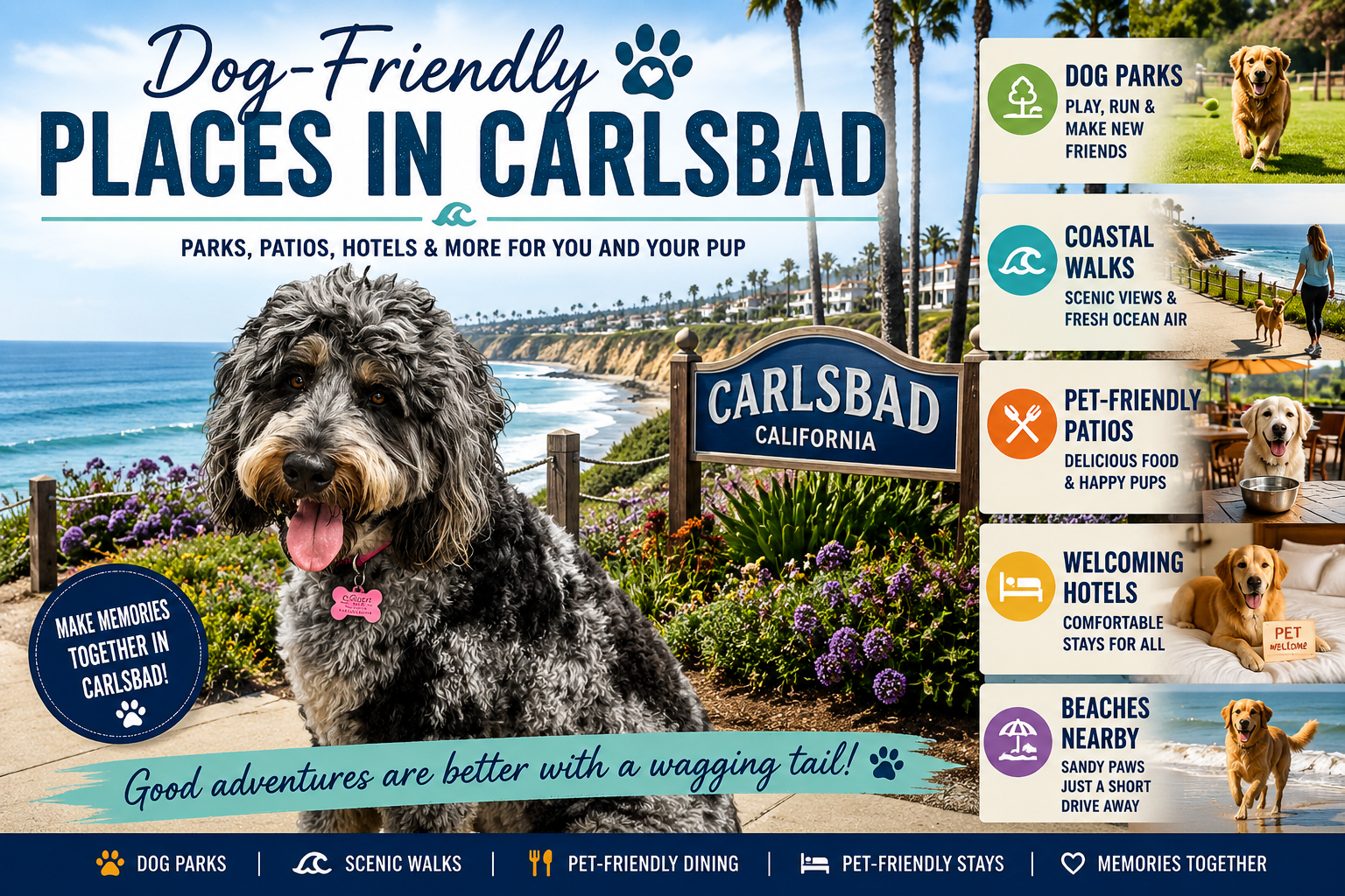 Dog in front of a beach sign promoting dog-friendly places in Carlsbad with activities like parks and patios.