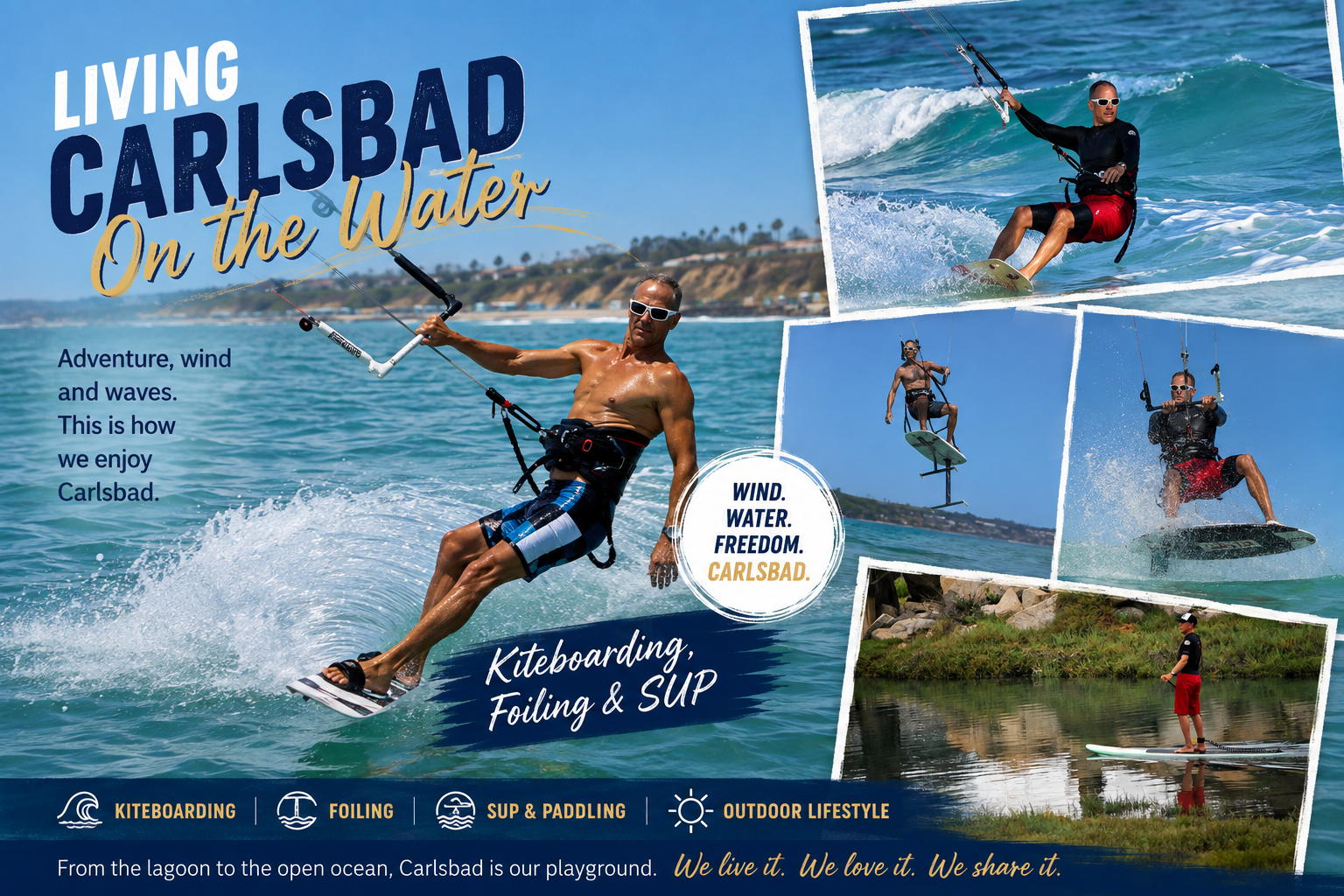 Collage of people kiteboarding and foiling on water with text promoting Carlsbad for water sports.