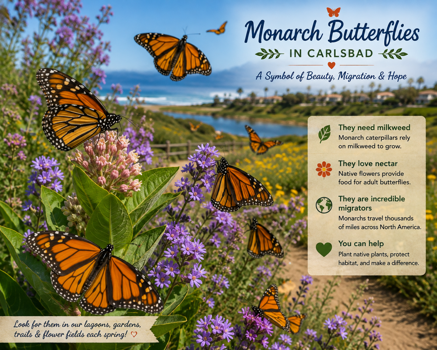 Monarch butterflies flying around flowers with informational text about them.