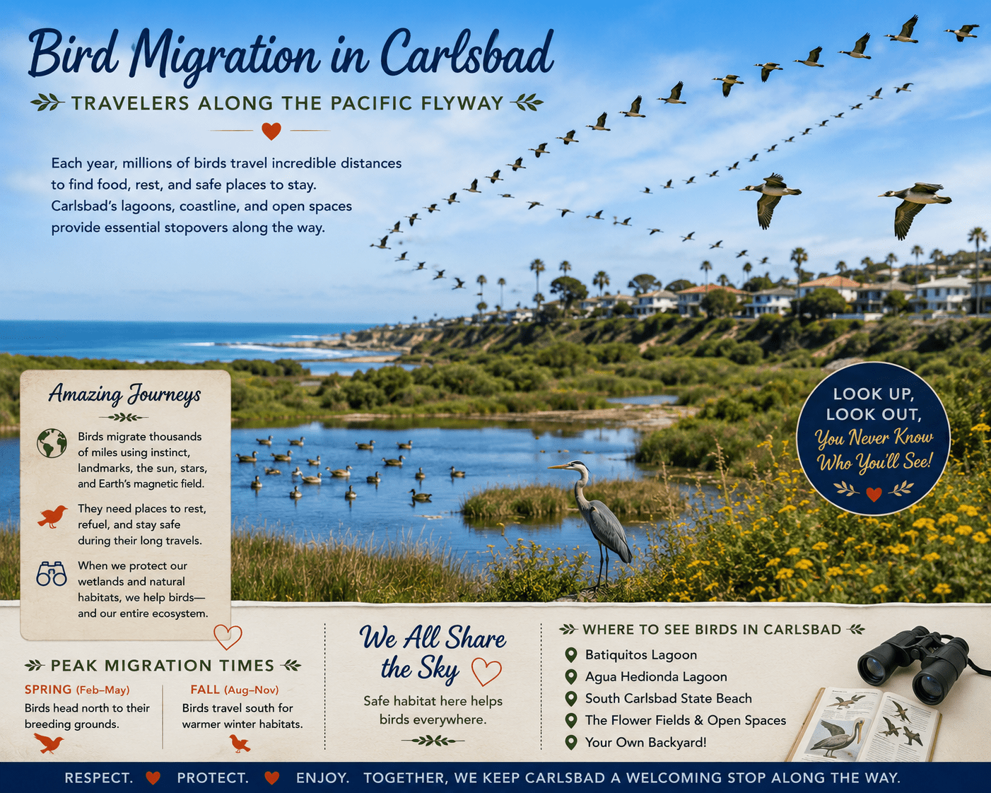 Coastal scene with birds above, info on bird migration and viewing in Carlsbad.