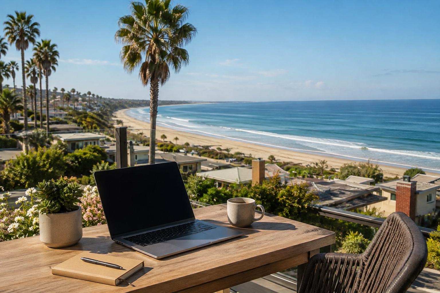 Laptop, notebook, and mug on table overlooking a beach and ocean with palm trees.