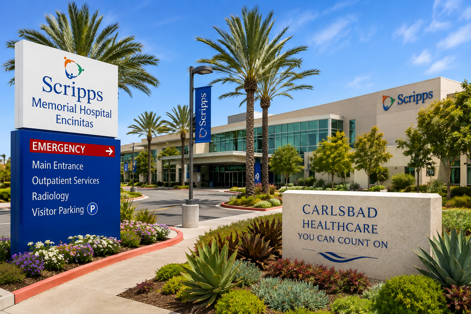 Entrance of Scripps Memorial Hospital Encinitas with palm trees and signage.