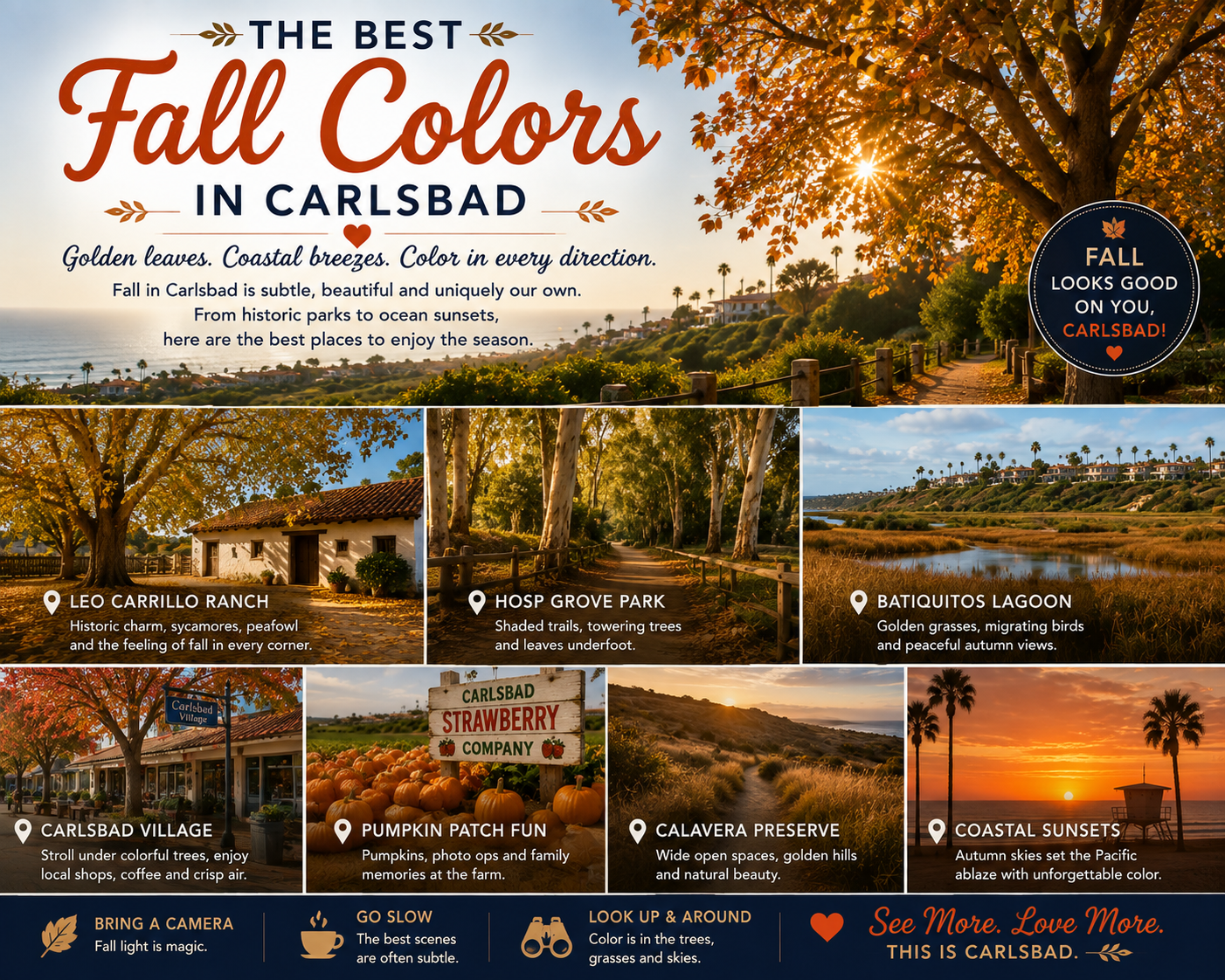 Promotional poster for fall attractions in Carlsbad, featuring photos of parks and scenic spots.