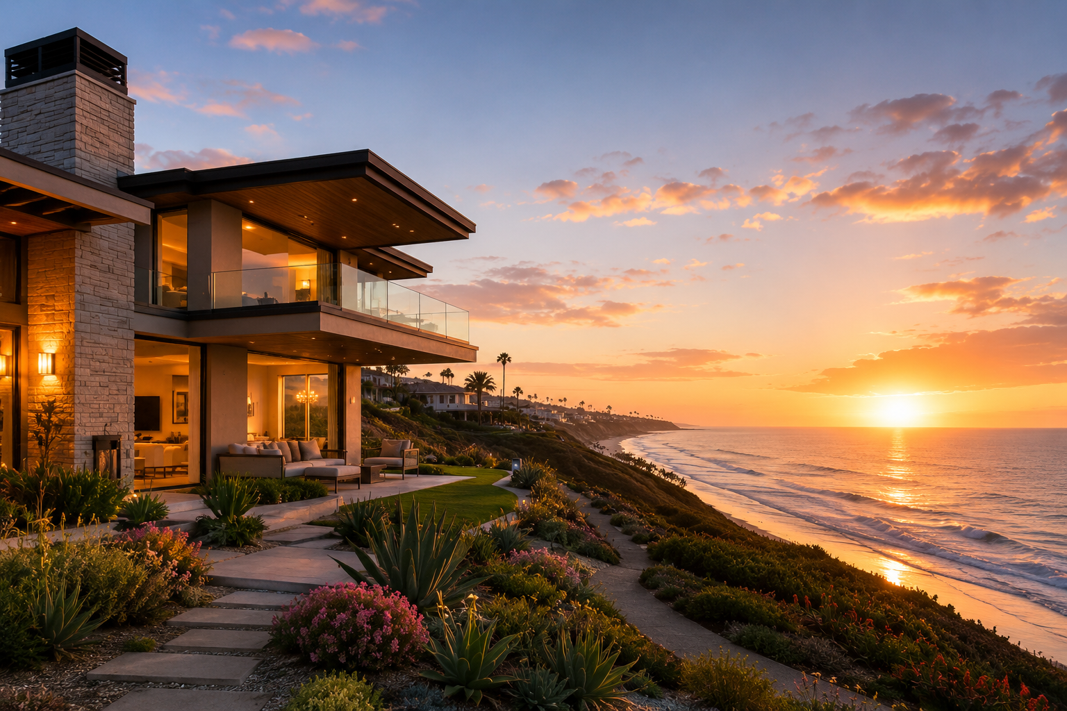 Modern house on a cliff overlooking the ocean at sunset.