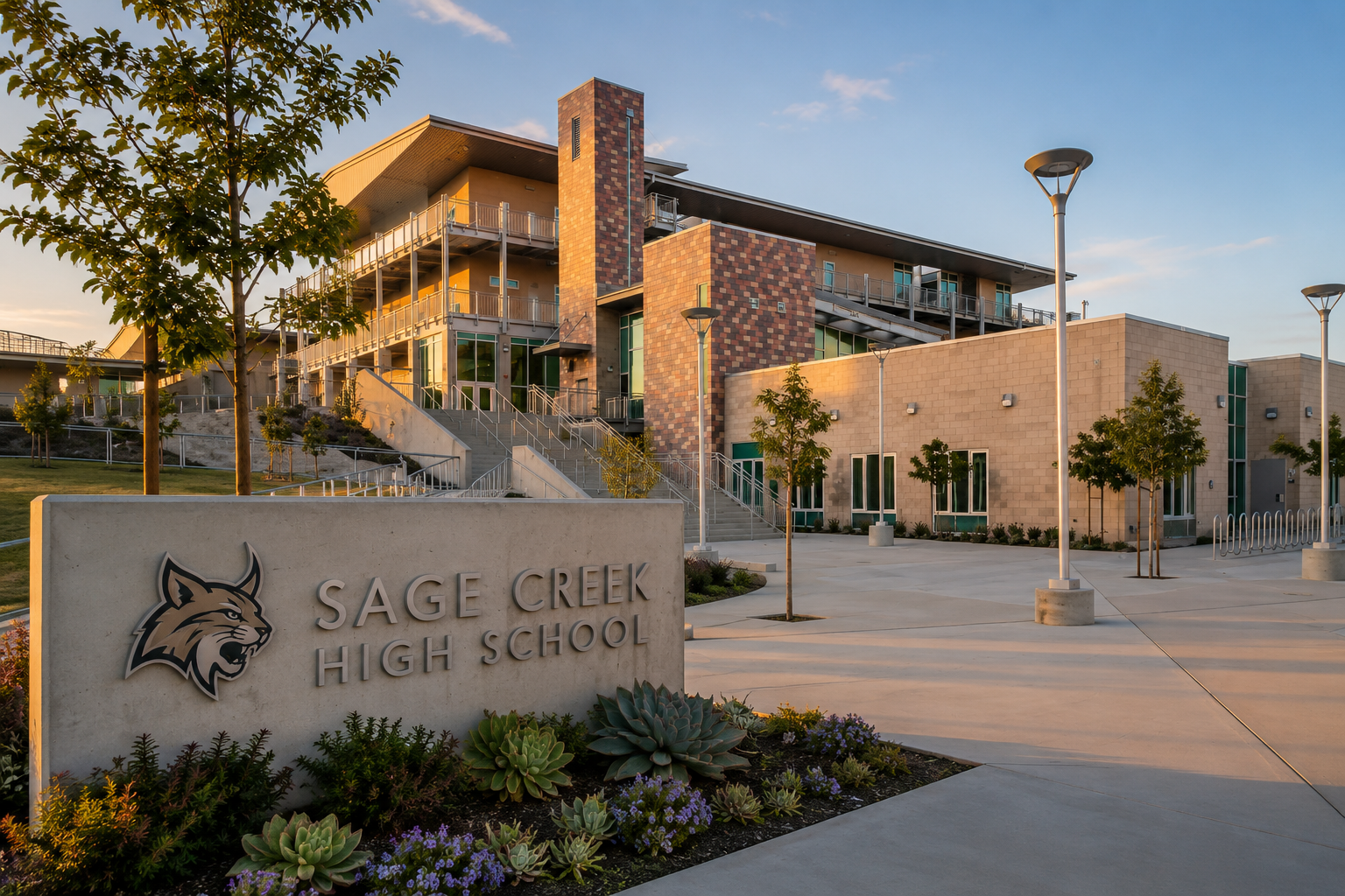 Modern school building exterior with 'Sage Creek High School' sign and landscaping.