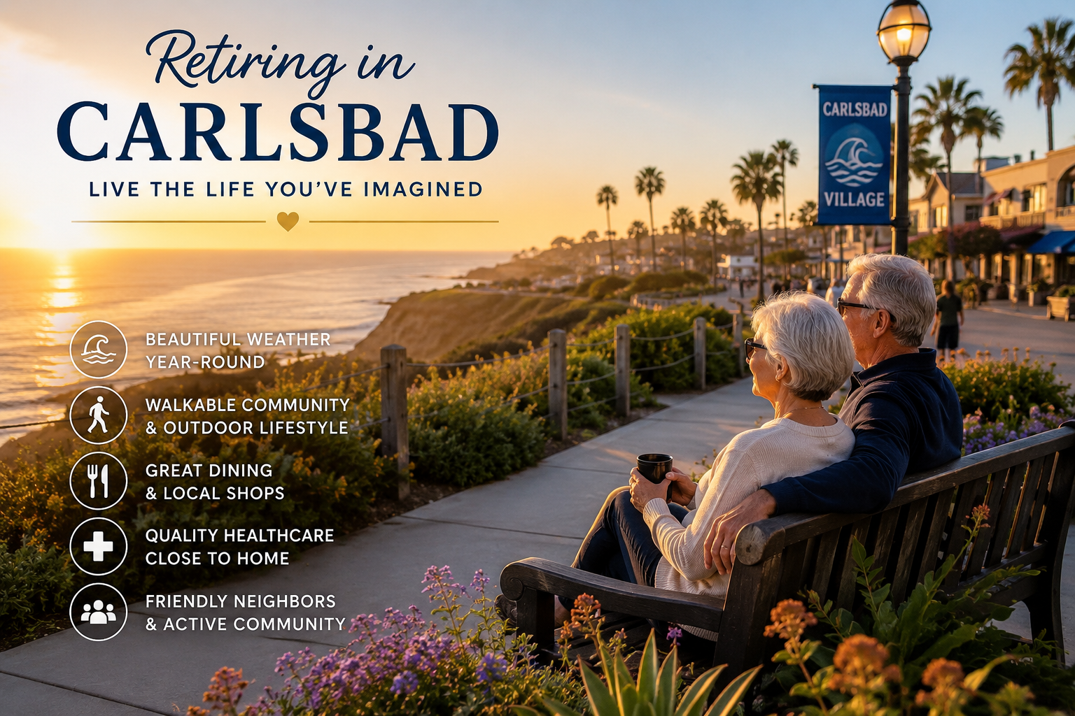 Couple sitting on a bench by the ocean at sunset, titled 'Retiring in Carlsbad' with lifestyle benefits listed.