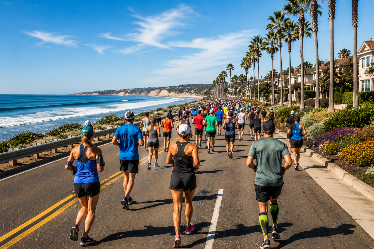 Group of runners on a coastal road with palm trees and ocean.