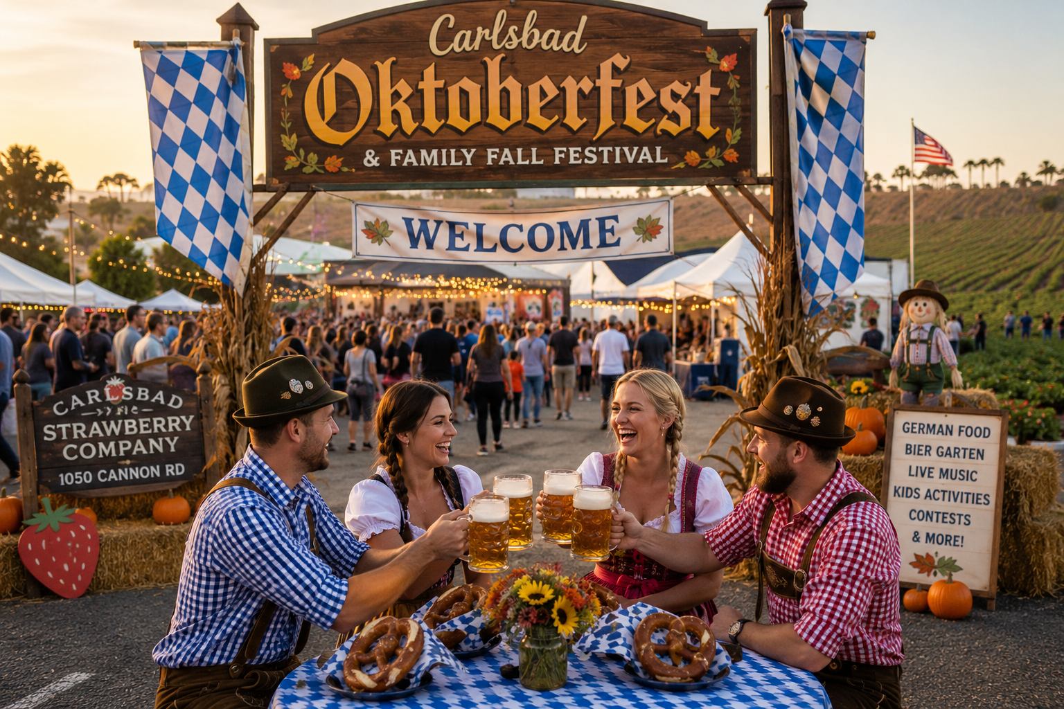 People in Bavarian outfits toast with beers at Oktoberfest event entrance.