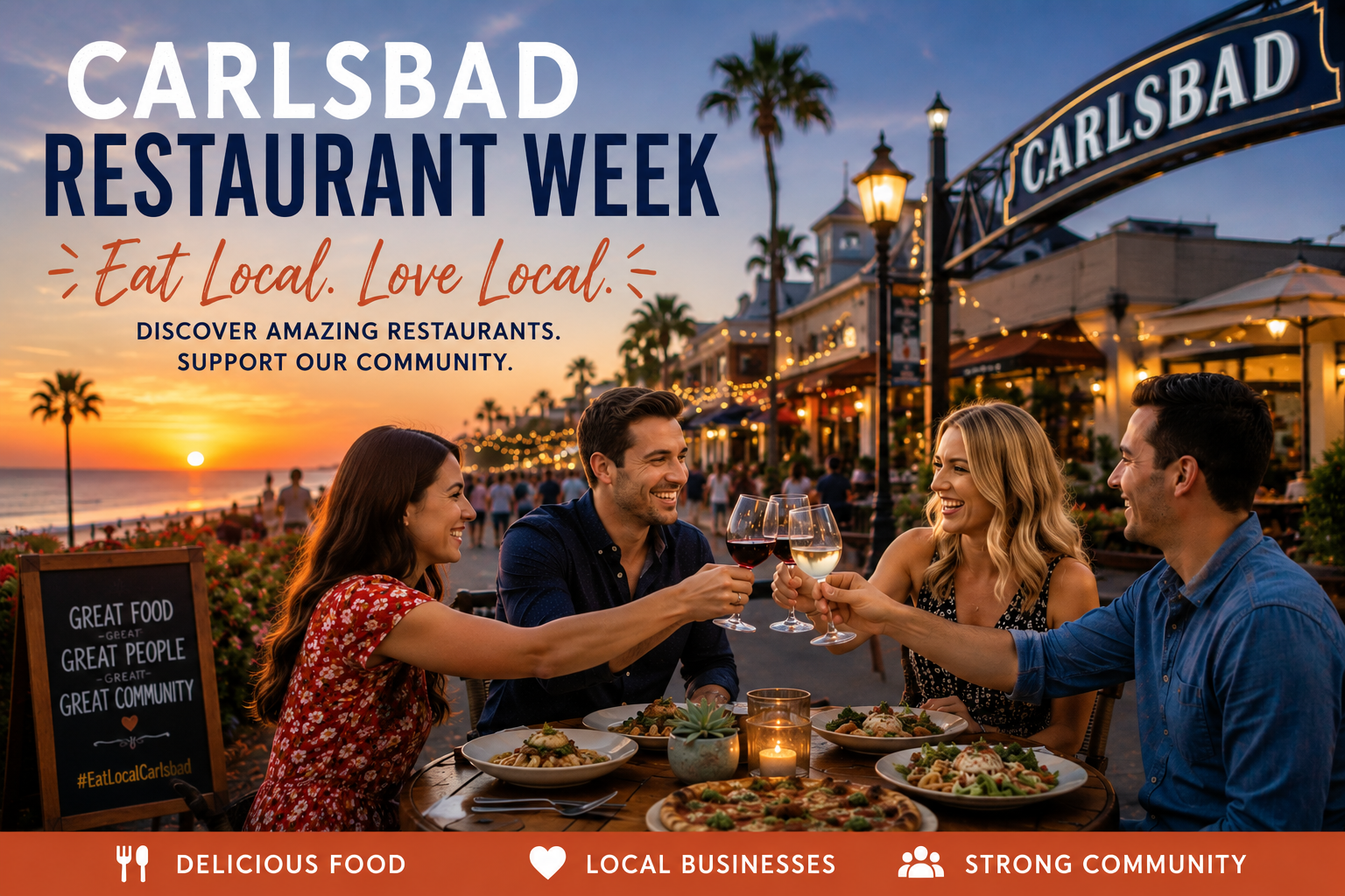 Four people toast at an outdoor restaurant with 'Carlsbad Restaurant Week' banner above.