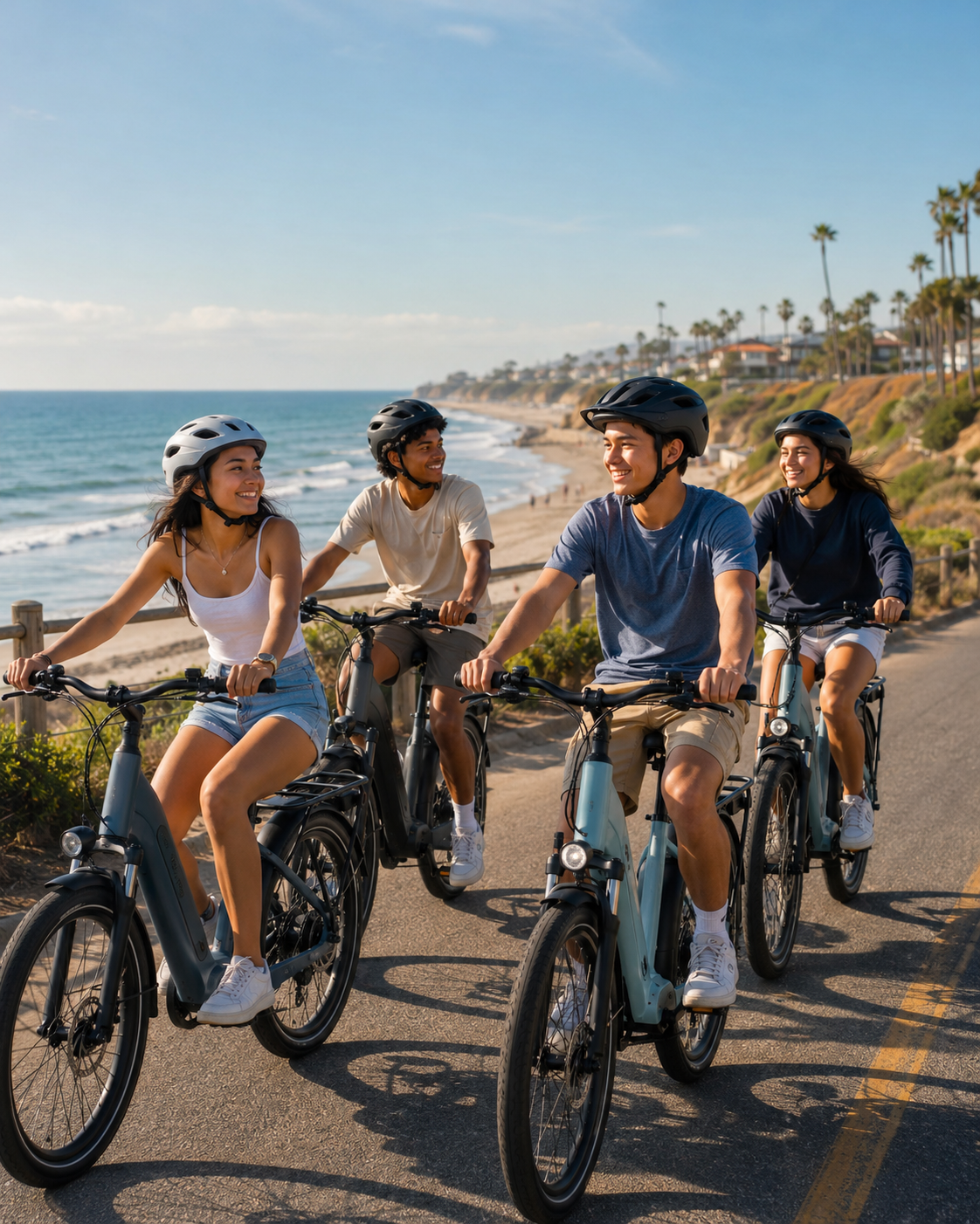 Four people on e-bikes ride along a coastal road with ocean and palm trees in the background.