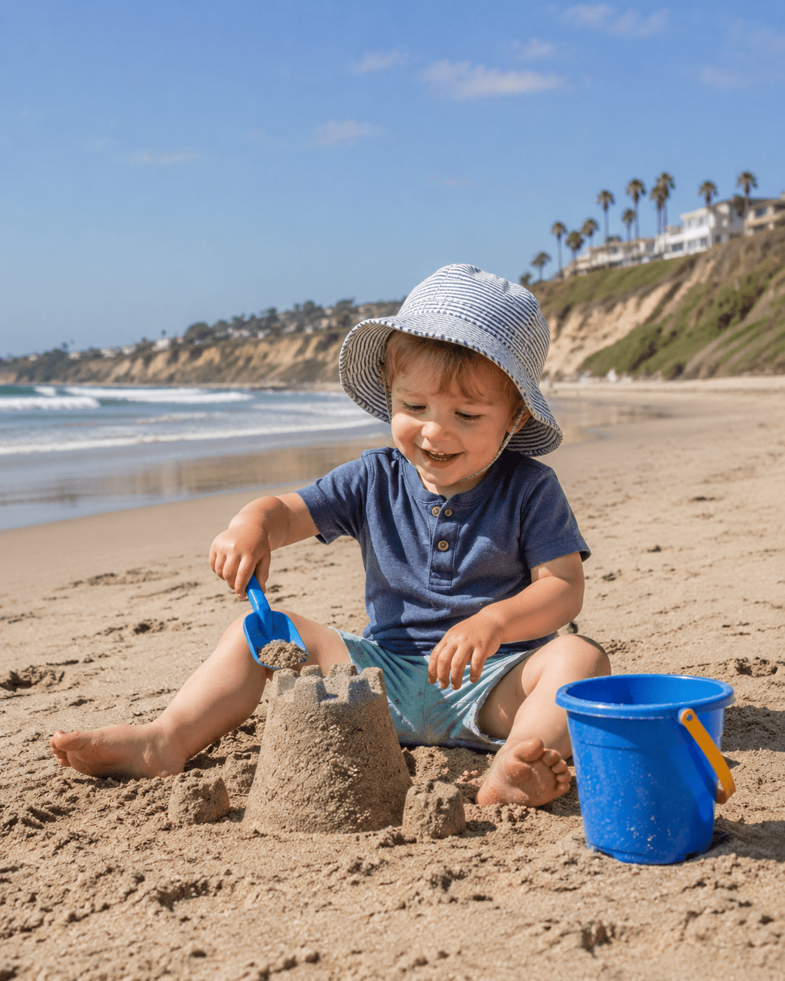 Toddler building a sandcastle by the beach with a blue bucket.