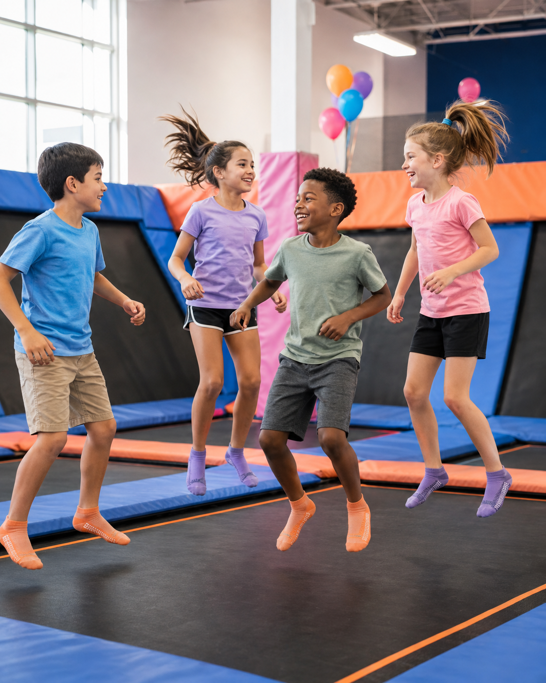 Four kids jumping on indoor trampolines, smiling and wearing casual clothes.