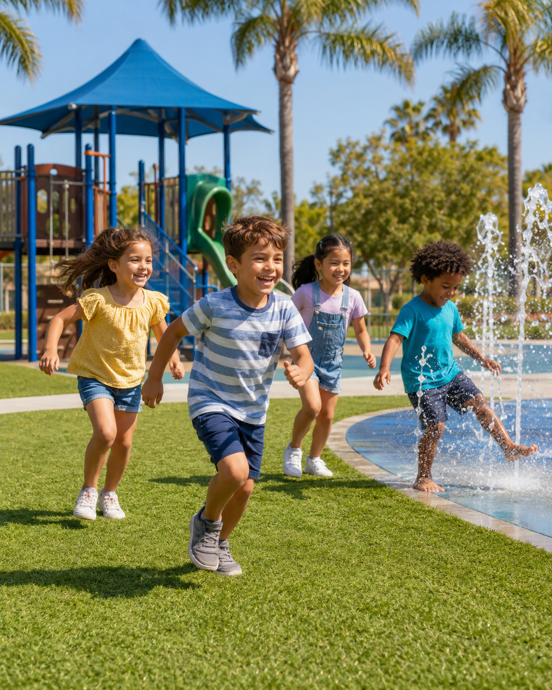Four children joyfully running near playground water fountain.