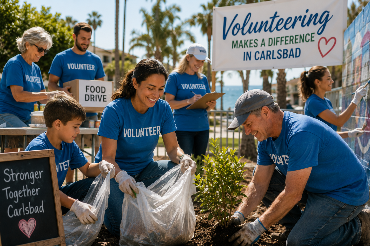 Volunteers in blue shirts garden and organize a food drive under a banner.