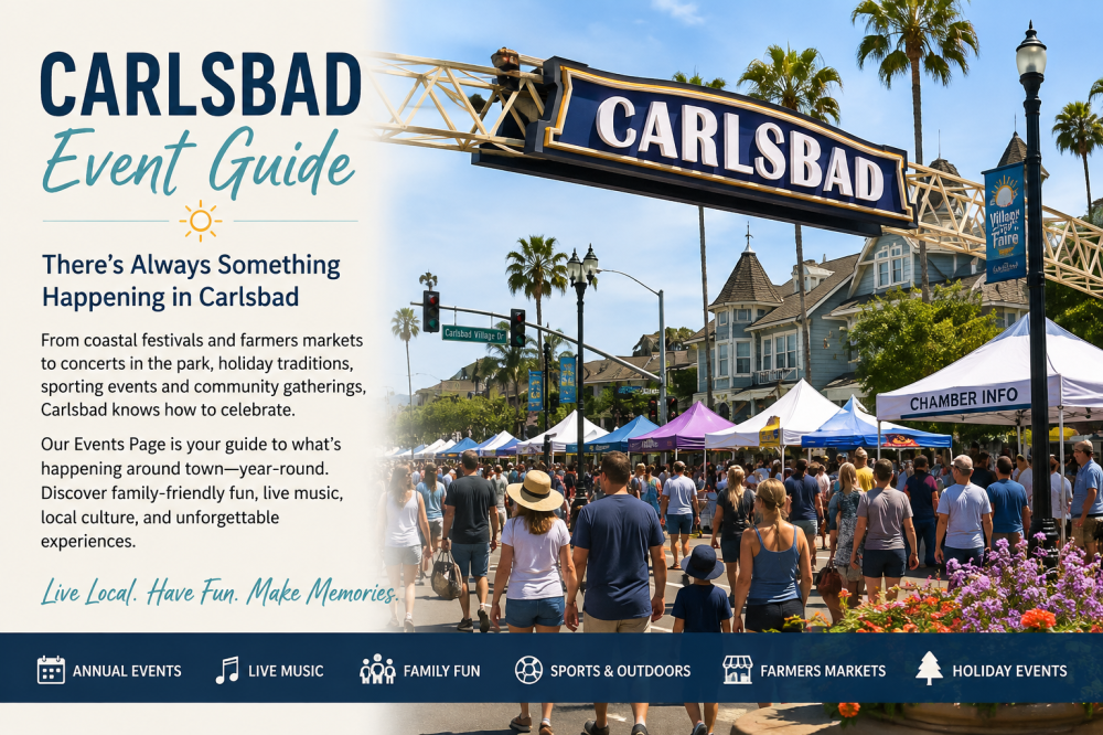 Crowd at Carlsbad festival; banner and event details visible.