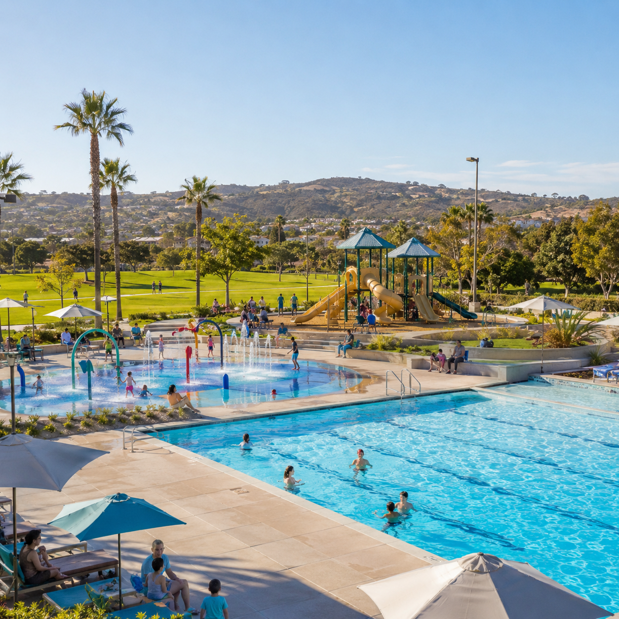 Outdoor pool area with playground, people swimming, and mountains in the background.
