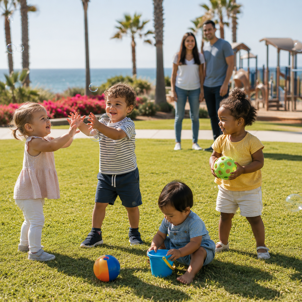 Three toddlers play on grass with balls, adults in background, near ocean.
