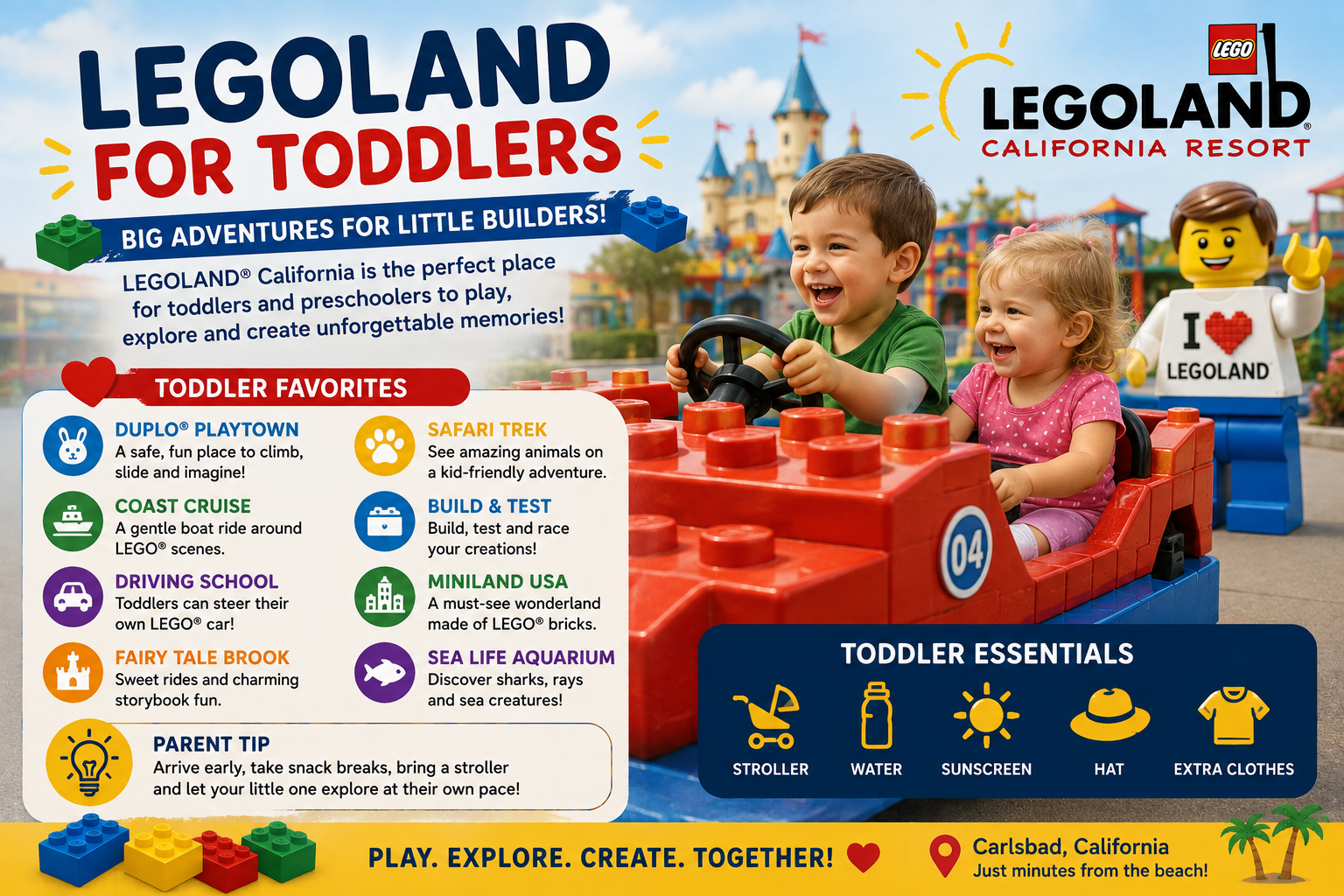 LEGOLAND poster promoting toddler attractions and essentials, featuring two children playing with a large LEGO car.