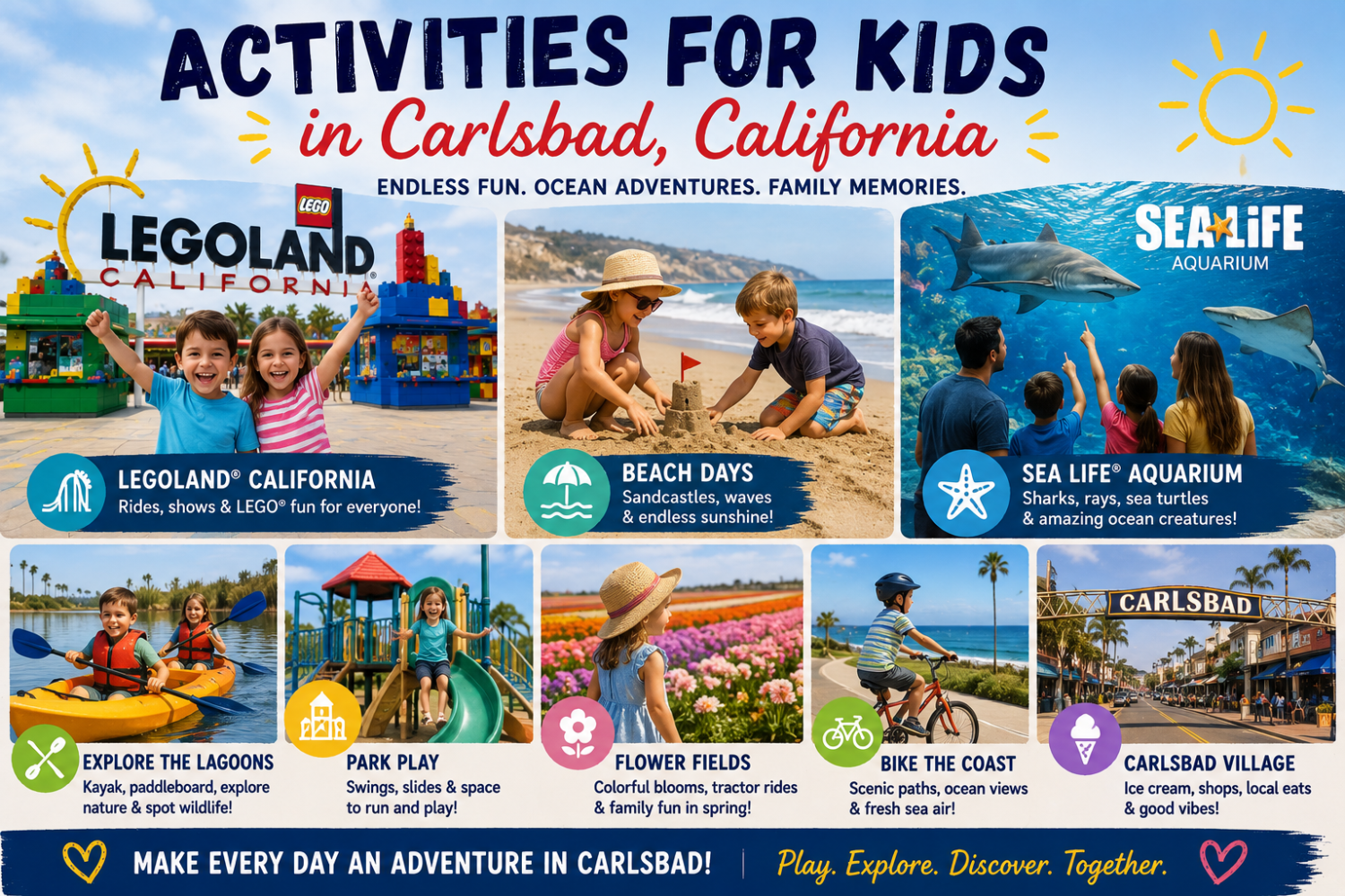 Colorful collage promoting activities for kids in Carlsbad, California with beach, Legoland, and aquarium images.