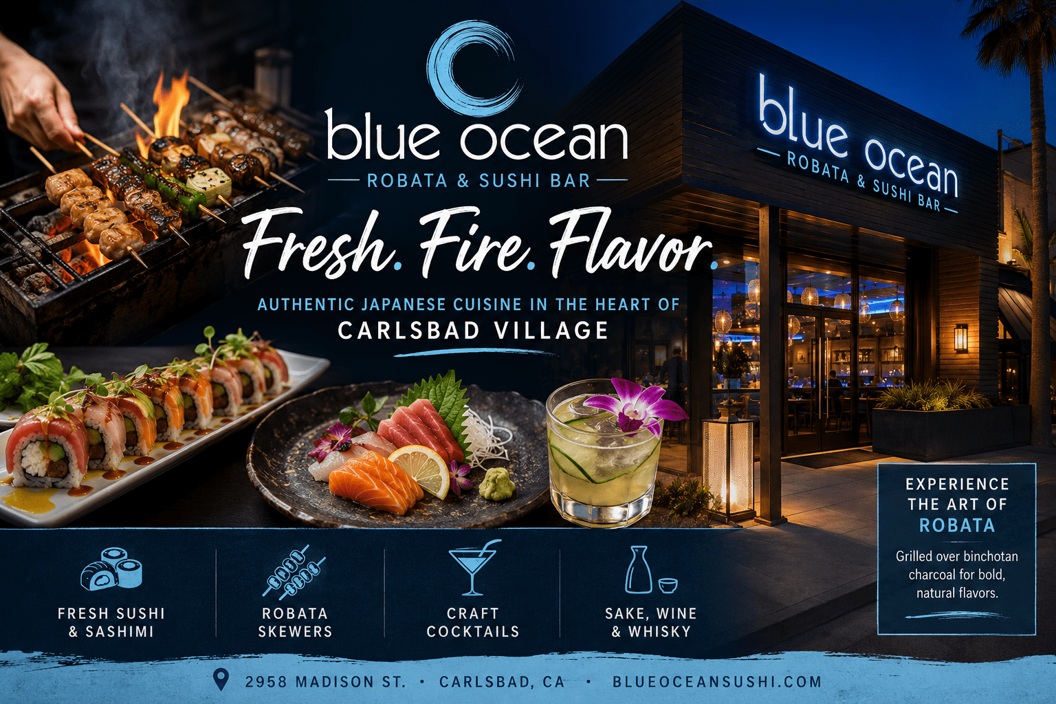 Blue Ocean Sushi Bar ad with sushi, skewers, cocktails, and restaurant exterior at night.