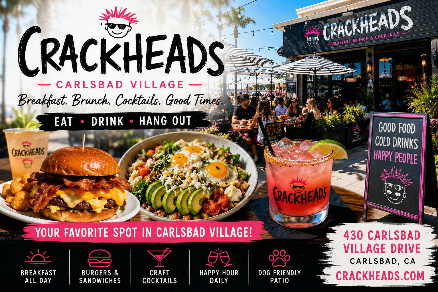 Outdoor dining at Crackheads with food, drinks, and people.