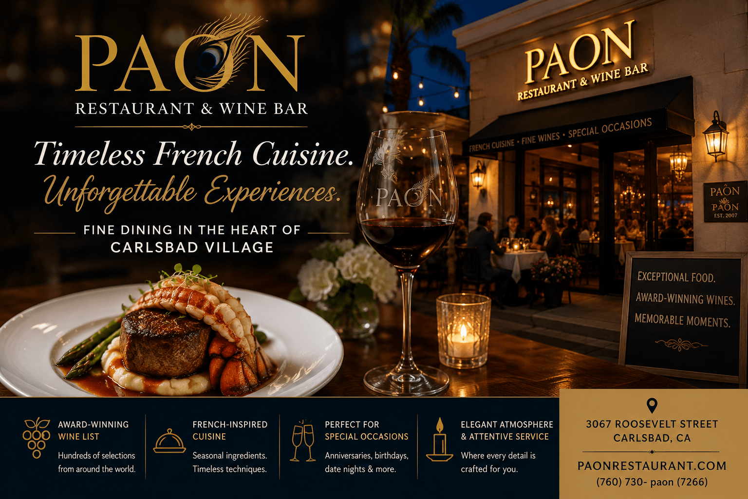 French restaurant ad with steak plate, wine, and outdoor view.