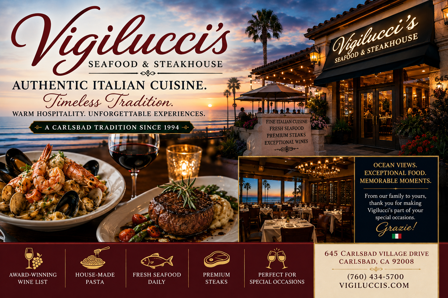 Vigilucci's restaurant ad with images of food, dining area, and contact details.
