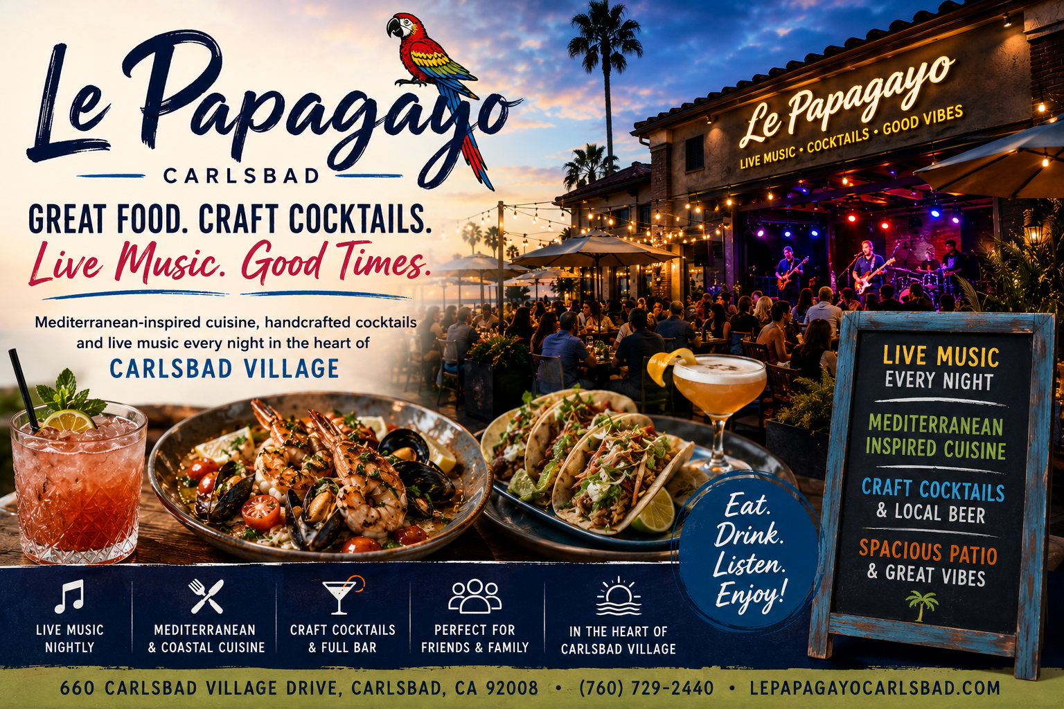 Le Papagayo ad with food, drinks, and live music graphics.
