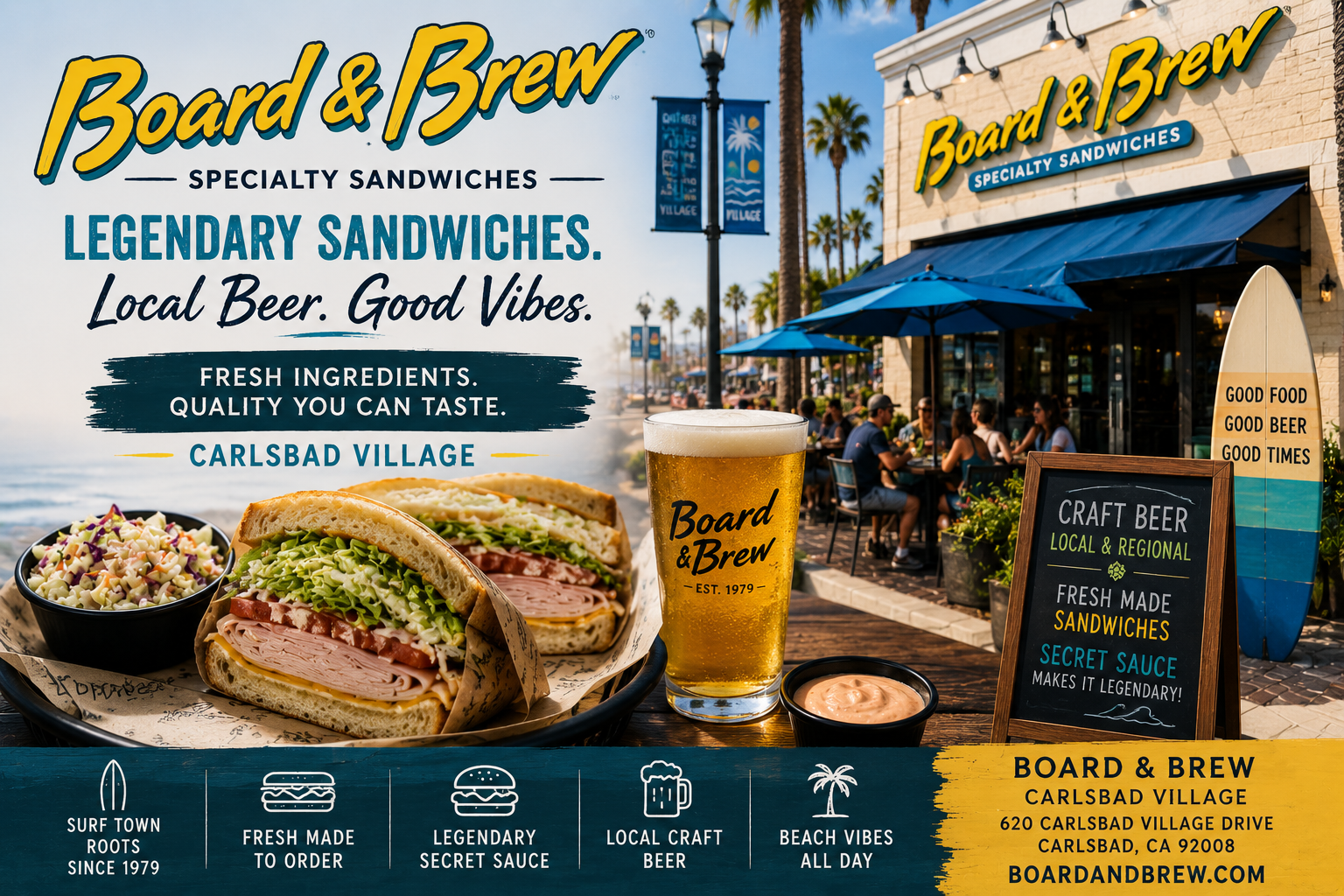 Board & Brew restaurant promo with sandwiches, beer, and outdoor seating view.