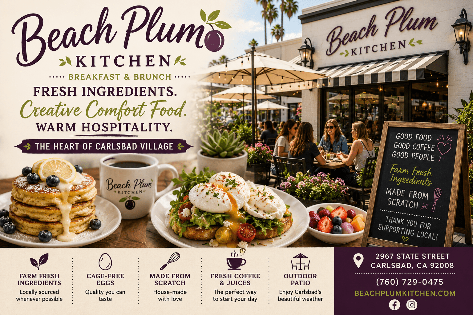 Beach Plum Kitchen ad with images of food, logo, and contact details in Carlsbad, CA.