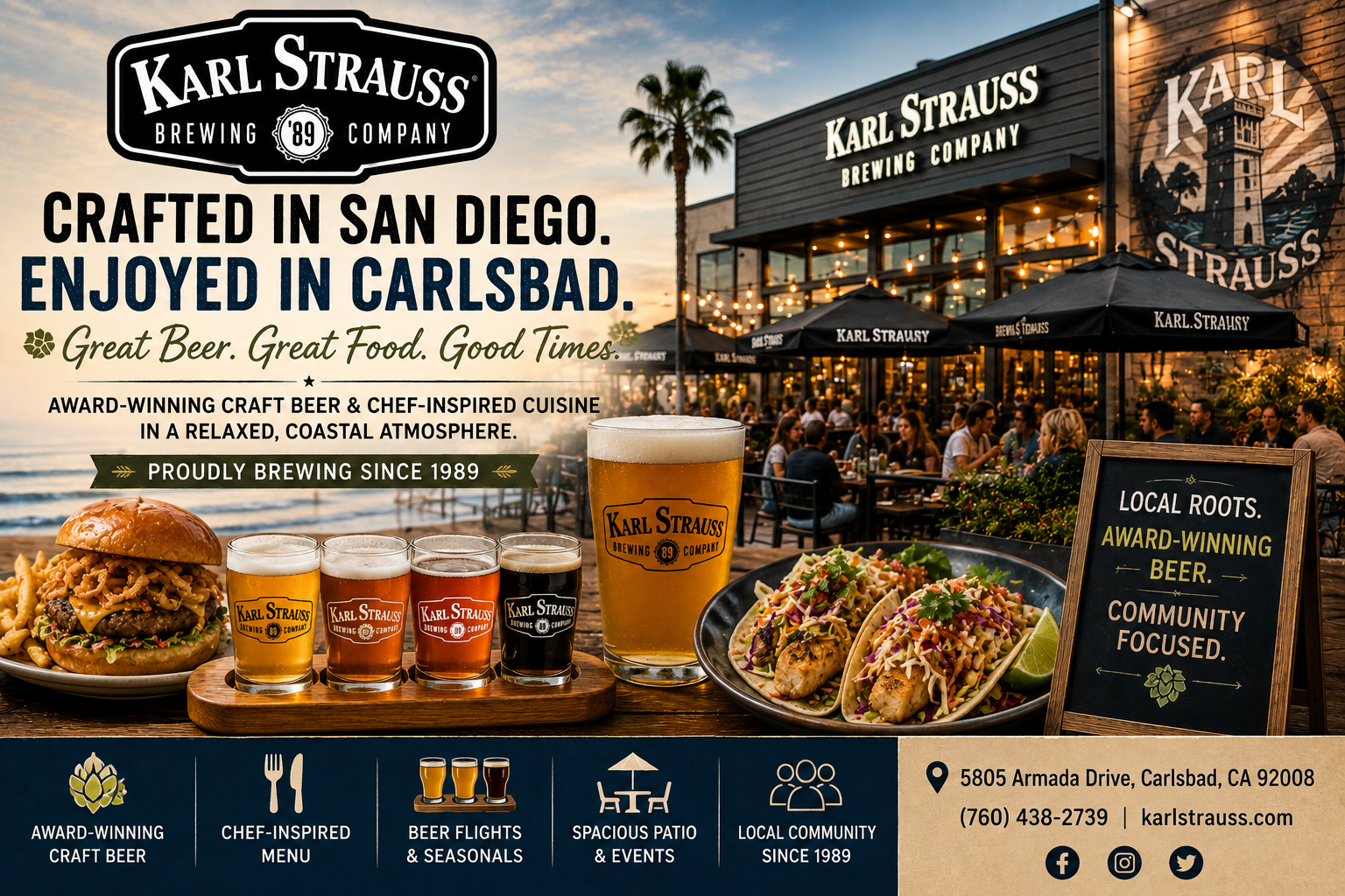 Karl Strauss Brewing Co. sign and menu display with beer, tacos, and people outside the brewery.
